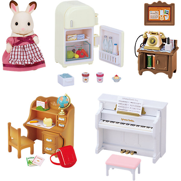 Набор Мебель для дома Марии, Sylvanian Families Набор Мебель для дома Марии, Sylvanian FamiliesSylvanian Families<br>Набор Мебель для дома Марии, Sylvanian Families (Сильваниан Фэмилис) - замечательный игровой набор, который надолго увлечет Вашего ребенка и станет прекрасным дополнением к домику веселых зверюшек. В комплект входят фигурка мамы-крольчихи, холодильник с продуктами, письменный стол с<br>тумбочкой и письменными принадлежностями, глобус, стул, тумба с телефоном, фортепиано с пуфиком и нотами, рюкзак, лист с наклейками. Разнообразная мебель позволит создать уютную атмосферу в домике симпатичных лесных обитателей (домик в комплект не входит, продается отдельно). Фигурка крольчихи из качественного пластика покрыта приятным на ощупь мягким флоком. У нее подвижная голова, ручки и ножки.<br><br>Sylvanian Families (Сильваниан Фэмилис) - это целая серия игровых наборов и забавных зверюшек, которые объединены общим сюжетом: лесные обитатели живут большими семьями в своих домиках, в каждой семье есть родители и дети. Из деталей разных наборов можно собрать целый городок, в котором будут школы, магазины, детские сады, больницы, рынок и многое другое. Набор прекрасно подходит для сюжетно-ролевых игр, развивает мелкую моторику, фантазию, мышление и воображение.<br><br>Дополнительная информация:<br><br>- В комплекте: фигурка мамы-крольчихи, фортепиано с пуфиком и нотами, холодильник с продуктами, письменный стол с тумбочкой и письменными принадлежностями, глобус, стул, тумба с телефоном, рюкзак, лист с наклейками, буклет. <br>- Домик в комплект не входит!<br>- Материал: пластик, флок, текстиль.<br>- Размер упаковки: 32 х 22 х 5 см. <br>- Вес: 0,495 кг.<br><br>Набор Мебель для дома Марии, Sylvanian Families (Сильваниан Фэмилис), можно купить в нашем интернет-магазине.<br><br>Ширина мм: 327<br>Глубина мм: 220<br>Высота мм: 55<br>Вес г: 455<br>Возраст от месяцев: 36<br>Возраст до месяцев: 72<br>Пол: Женский<br>Возраст: Детский<br>SKU: 4471350
