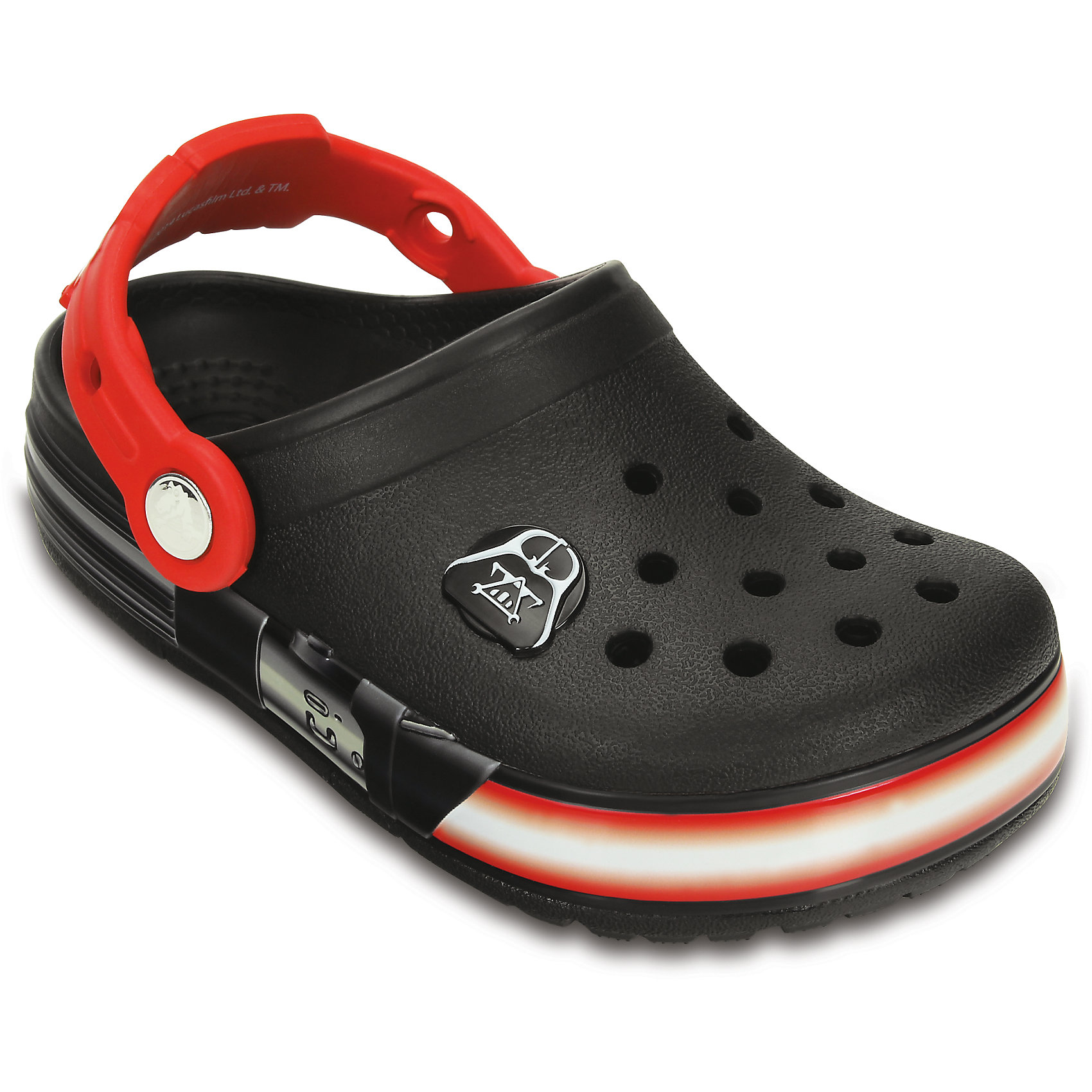Сабо Kids’ CrocsLights Star Wars Darth Vader Clog для мальчика Crocs Сабо Kids’ CrocsLights Star Wars Darth Vader Clog для мальчика CrocsПляжная обувь<br>Характеристики товара:<br><br>• цвет: черный<br>• материал: 100% полимер Croslite™<br>• встроенные светодиоды<br>• запас энергии элементов питания примерно 350 тыс. шагов<br>• вентиляционные отверстия<br>• украшены изображением Дарта Вейдера<br>• бактериостатичный материал<br>• пяточный ремешок фиксирует стопу<br>• толстая устойчивая подошва<br>• отверстия для использования украшений<br>• анатомическая стелька с массажными точками стимулирует кровообращение<br>• страна бренда: США<br>• страна изготовитель: Китай<br><br>Для правильного развития ребенка крайне важно, чтобы обувь была удобной. Такие сабо обеспечивают детям необходимый комфорт, а анатомическая стелька с массажными линиями для стимуляции кровообращения позволяет ножкам дольше не уставать. Сабо легко надеваются и снимаются, отлично сидят на ноге. Материал, из которого они сделаны, не дает размножаться бактериям, поэтому такая обувь препятствует образованию неприятного запаха и появлению болезней стоп. Данная модель особенно понравится детям - ведь в подошве встроены мигающие светодиоды!<br>Обувь от американского бренда Crocs в данный момент завоевала широкую популярность во всем мире, и это не удивительно - ведь она невероятно удобна. Её носят врачи, спортсмены, звёзды шоу-бизнеса, люди, которым много времени приходится бывать на ногах - они понимают, как важна комфортная обувь. Продукция Crocs - это качественные товары, созданные с применением новейших технологий. Обувь отличается стильным дизайном и продуманной конструкцией. Изделие производится из качественных и проверенных материалов, которые безопасны для детей.<br><br>Сабо для мальчика от торговой марки Crocs можно купить в нашем интернет-магазине.<br><br>Ширина мм: 262<br>Глубина мм: 176<br>Высота мм: 97<br>Вес г: 427<br>Цвет: черный<br>Возраст от месяцев: 24<br>Возраст до месяцев: 24<br>Пол: Мужской<br>Возраст: Детский<br>Размер: 25,32/33,27,28,33/34,34/35,31/32,26,30,29<br>SKU: 4492046
