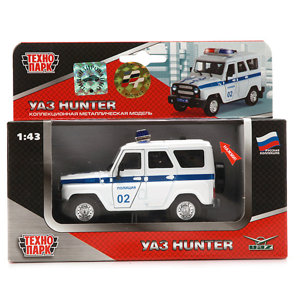 Машина УАЗ HUNTER Полиция, с сиреной и мигалками, инерционная, ТЕХНОПАРК Машина УАЗ HUNTER Полиция, с сиреной и мигалками, инерционная, ТЕХНОПАРКМашинки<br>Машина УАЗ HUNTER Полиция, с сиреной и мигалками, инерционная, ТЕХНОПАРК – эта модель займет достойное место в любой коллекции.<br>Инерционная машина ТехноПарк УАЗ HUNTER Полиция, выполненная из металла с пластиковыми элементами, является маленькой копией полицейской машины марки УАЗ Hunter и имеет высокую детализацию. Модель раскрашена в традиционные цвета Полиции России, лакокрасочное покрытие устойчиво к царапинам и безопасно для детей. У автомобиля открываются все двери и капот, внутренняя часть салона детально проработана. При нажатии на кузов уазика, раздаются реалистичные звуки полицейской сирены и мотора, загораются по очереди мигалки на крыше и горят фары. Машина оснащена инерционным механизмом. Для того чтобы привести ее в движение, откатите автомобиль назад, немного прижав вниз, затем отпустите. Ваш ребенок будет часами играть с этой машиной, придумывая различные истории. Порадуйте его таким замечательным подарком!<br><br>Дополнительная информация:<br><br>- Масштаб 1:43<br>- Материал: пластик, металл<br>- Требуются батарейке (в комплекте демонстрационные)<br>- Размер упаковки: 18 x 9 x 7 см.<br>- Вес: 240 гр.<br><br>Машину УАЗ HUNTER Полиция, с сиреной и мигалками, инерционная, ТЕХНОПАРК можно купить в нашем интернет-магазине.<br><br>Ширина мм: 180<br>Глубина мм: 90<br>Высота мм: 70<br>Вес г: 240<br>Возраст от месяцев: 36<br>Возраст до месяцев: 192<br>Пол: Мужской<br>Возраст: Детский<br>SKU: 4499287