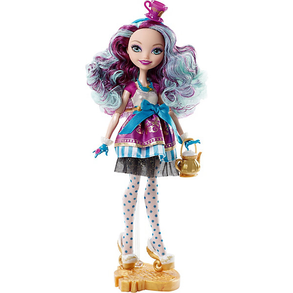 Кукла Мэдлин Хэттер Главные герои, Ever After High Кукла Мэдлин Хэттер Главные герои, Ever After HighEver After High<br>Мэдлин Хэттер - дочь безумного Шляпника, сумасбродная веселая девчонка, любящая неформальные эпатирующие наряды! Ее платье состоит из разных цветов: цвет фуксии с золотыми узорами, белый в голубую полоску подъюбник, чёрная с золотыми блёстками ткань. Незабываемый образ дополняют колготы в горошек, туфельки, напоминающие маленькие чашки и шляпка, опять же в форме миниатюрной чашечки. В руках у Мэдлин оригинальная сумочка в виде чайника. Голубые с розовыми прядями волосы куколки очень мягкие, из них получится множество умопомрачительный причесок! Собери всех героев Ever After High (Школа Долго и счастливо) проигрывай любимые сцены из мультсериала или придумывай свои новые истории!<br><br>Дополнительная информация:<br><br>- Материал: пластик.<br>- Высота: 25 см.<br>- Голова, руки, ноги куклы подвижные. <br>- Комплектация: кукла в одежде и обуви, расческа, дневник, сумочка.<br><br>Куклу Главные герои, Ever After High (Эвер Афтер Хай), можно купить в нашем магазине.<br><br>Ширина мм: 327<br>Глубина мм: 203<br>Высота мм: 60<br>Вес г: 225<br>Возраст от месяцев: 72<br>Возраст до месяцев: 120<br>Пол: Женский<br>Возраст: Детский<br>SKU: 4500801