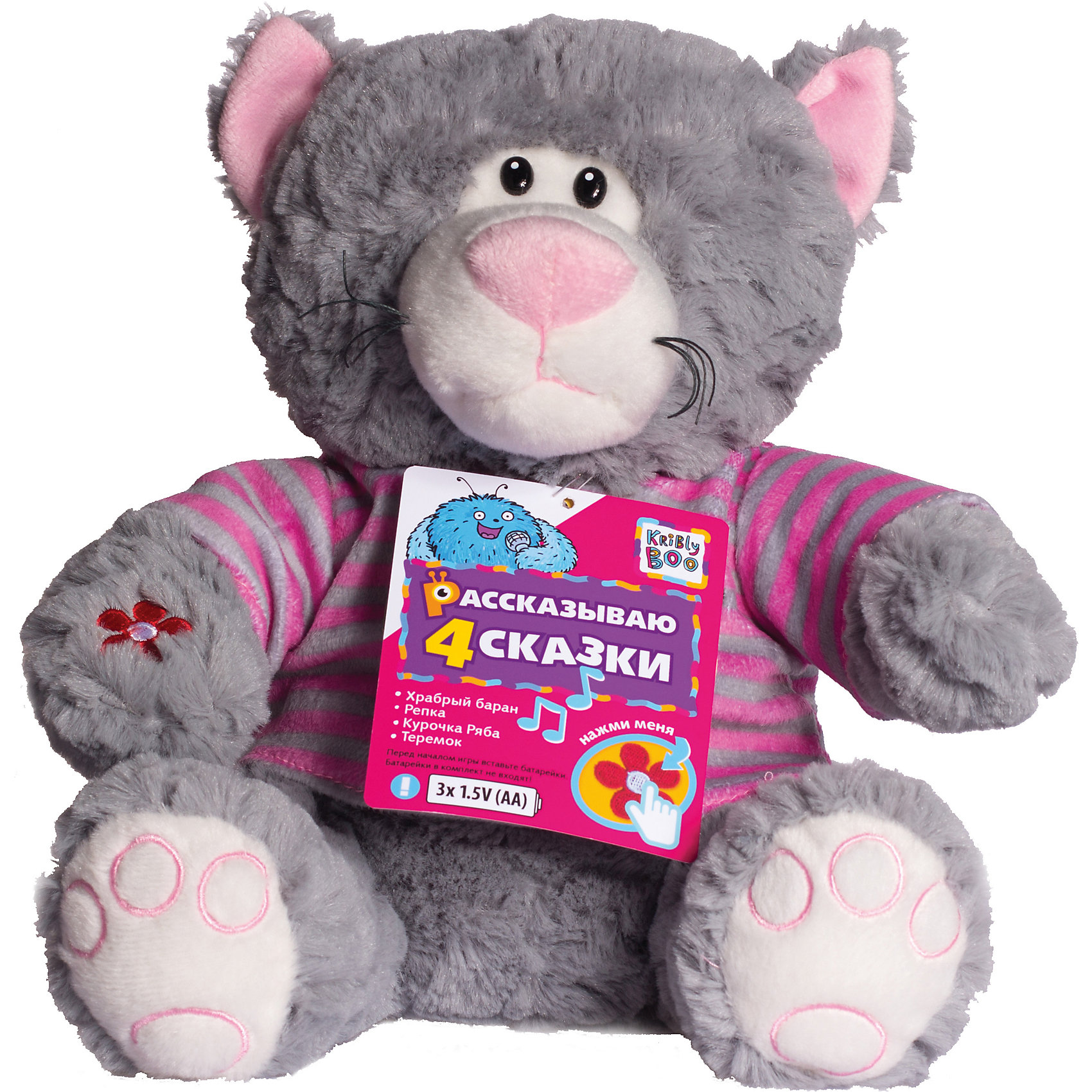Интерактивная игрушка Кот Полоскин, 27 см, Kribly Boo Интерактивная игрушка Кот Полоскин, 27 см, Kribly BooИнтерактивные игрушки для малышей<br>Очаровательный мягкий котик расскажет малышам сказки и поможет развить словарный запас, память и внимательность. Для того, чтобы Полоскин рассказал сказку, нужно нажать на вышивку сердечка на груди или на один из вышитых на лапках цветочков. Сказки озвучены профессиональными актерами. Игрушка выполнена из высококачественных материалов, очень приятна на ощупь, абсолютно безопасна для детей. Кот Полоскин приведет в восторг любого малыша и станет прекрасным подарком на любой праздник! <br><br>Дополнительная информация:<br><br>- Материал: текстиль, искусственный мех, пластик. <br>- Размер: 27 см.<br>- 4 сказки: «Курочка Ряба», «Репка», «Теремок» и «Храбрый баран». <br>- Элемент питания: 3 АА батарейки (не входят в комплект).<br><br>Интерактивную игрушку Кот Полоскин, 27 см, Kribly Boo (Крибли Бу) можно купить в нашем магазине.<br><br>Ширина мм: 270<br>Глубина мм: 120<br>Высота мм: 230<br>Вес г: 264<br>Возраст от месяцев: 36<br>Возраст до месяцев: 84<br>Пол: Унисекс<br>Возраст: Детский<br>SKU: 4515334
