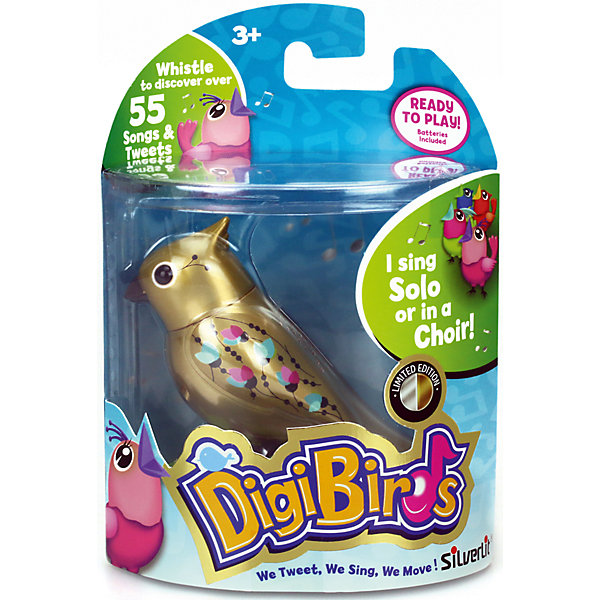 Золотая поющая птичка, DigiBirds Золотая поющая птичка, DigiBirdsИнтерактивные животные<br>Очаровательная золотая птичка станет прекрасным подарком и обязательно порадует ребенка. Она знает около 55 мелодий, чтобы птичка пели или щебетали, на нее нужно подуть или посвистеть в свисток. Для каждой игрушки предусмотрено кольцо-свисток, которое надевается на палец, на нем можно закрепить свою птичку. <br><br>Дополнительная информация:<br><br>- Материал: пластик, металл.<br>- Размер упаковки: 15,2х6,4х10 см.<br>- 2 режима пения: соло и хор.<br>- 55 мелодий.<br>- Элемент питания: батарейки LR44 (в комплекте).<br><br>Золотую поющую птичку, DigiBirds (ДигиБердс), можно купить в нашем магазине.<br><br>Ширина мм: 64<br>Глубина мм: 152<br>Высота мм: 102<br>Вес г: 82<br>Возраст от месяцев: 36<br>Возраст до месяцев: 84<br>Пол: Унисекс<br>Возраст: Детский<br>SKU: 4533891