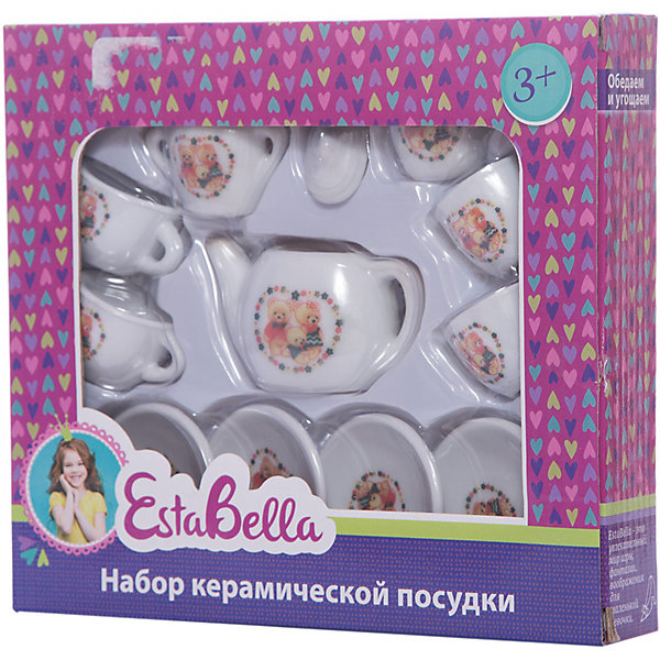 Керамическая посудка, EstaBella Керамическая посудка, EstaBellaДетские кухни<br>Керамическая посудка, EstaBella (Эстабелла) – этот красивый чайный сервис станет приятным сюрпризом для вашей девочки.<br>Керамическая посудка торговой марки EstaBella (Эстабелла) предназначена специально для кукольного чаепития на четыре персоны. Все предметы небольшого размера, поэтому они прекрасно разместятся на игрушечном столике. Каждый элемент декорирован рисунком с изображением забавных медвежат. Набор изготовлен из качественного материала. Керамическая посудка не займёт много места на игрушечном столике, а юная хозяйка научится правильно сервировать стол и приобретёт прекрасные манеры, которые так необходимы настоящей маленькой леди.<br><br>Дополнительная информация:<br><br>- В наборе: 4 блюдца; 4 чашки; чайник; сахарница; сливочник, крышка<br>- Количество предметов: 12<br>- Материал: керамика<br>- Размер упаковки: 20 х 4 х 18 см.<br><br>Керамическую посудку, EstaBella (Эстабелла) можно купить в нашем интернет-магазине.<br><br>Ширина мм: 200<br>Глубина мм: 40<br>Высота мм: 180<br>Вес г: 283<br>Возраст от месяцев: 36<br>Возраст до месяцев: 72<br>Пол: Женский<br>Возраст: Детский<br>SKU: 4552913