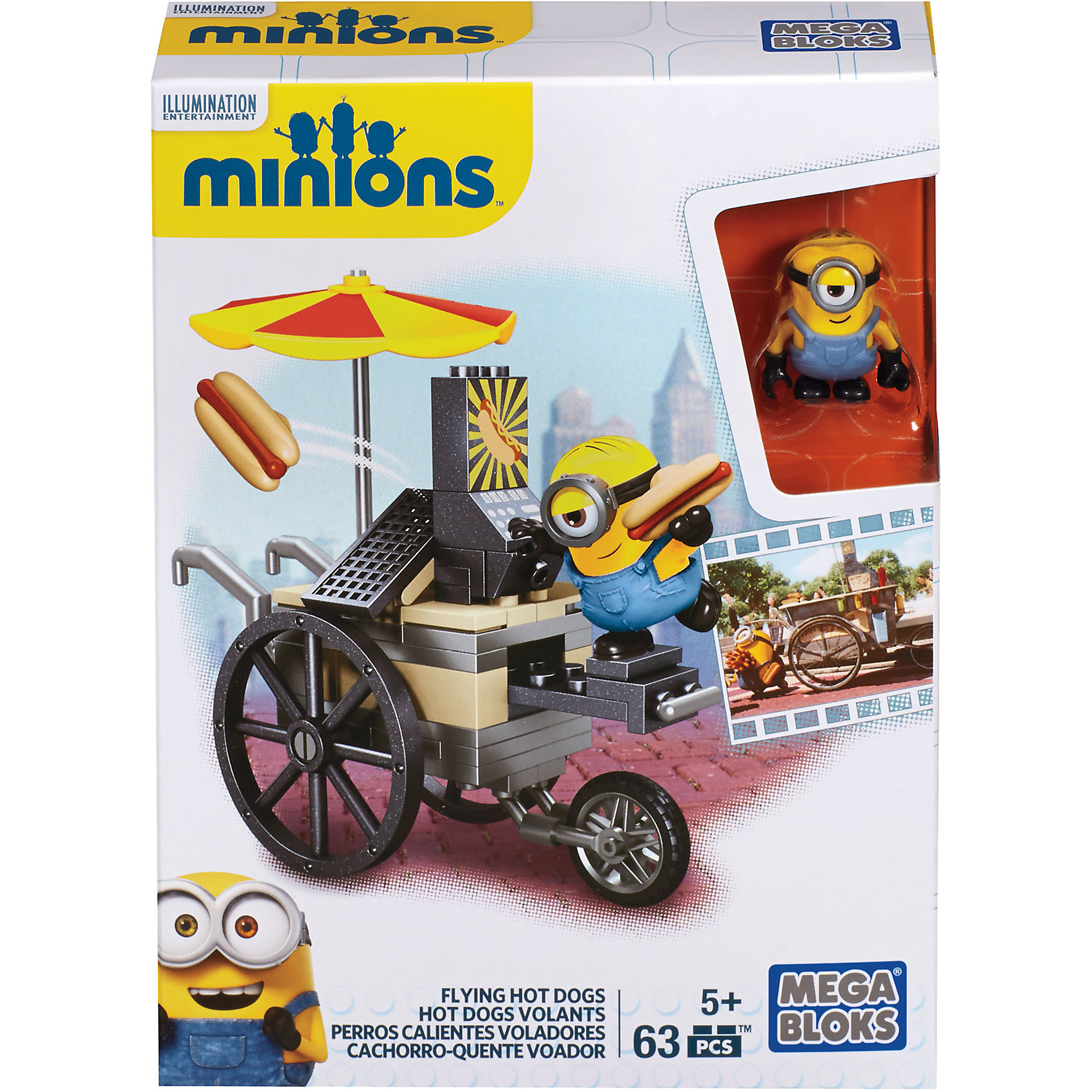 Миньоны: летающие хот-доги MEGA BLOKS Миньоны: летающие хот-доги MEGA BLOKSМиньоны Игрушки<br>Помоги Стюарту приготовить хот-доги, а потом повеселись вместе от души, запуская их в воздух! Собери из деталей конструктора передвижной прилавок с красно-желтым зонтиком, колесами разного размера, кассой, потайным отделением и грилем. Фигурка миньона разборная: у него снимаются очки, одежда, руки и ноги. Все детали набора выполнены из высококачественных материалов, имеют удобные крепления, хорошо соединяются между собой. Конструирование прекрасно развивает мелкую моторику, мышление, фантазию, умение работать по инструкции и, конечно, дарит море положительных эмоций. <br><br>Дополнительная информация:<br><br>- Материл: пластик.<br>- Количество деталей: 63.<br>- 1 минифигурка Стюарта. <br>- Комплектация: 1 минифигурка, передвижной прилавок, аксессуары. <br>- Размер упаковки: 15,2x4,6x20,3 см.<br><br>Конструктор Миньоны: летающие хот-доги, MEGA BLOKS (Мега Блок), можно купить в нашем магазине.<br><br>Ширина мм: 275<br>Глубина мм: 290<br>Высота мм: 175<br>Вес г: 225<br>Возраст от месяцев: 60<br>Возраст до месяцев: 96<br>Пол: Унисекс<br>Возраст: Детский<br>SKU: 4556241