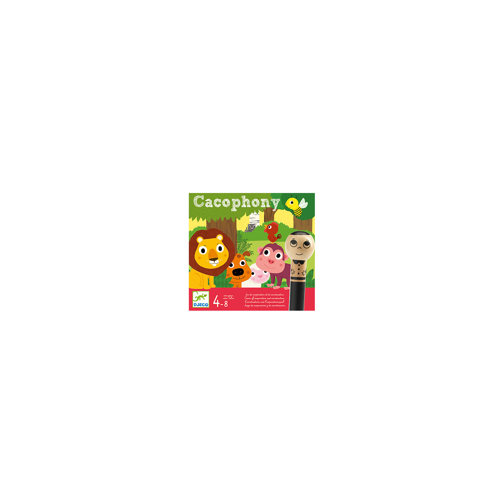 Игра Какофония, DJECO Игра Какофония, DJECOКарточные игры<br>Игра Какофония, - веселая и увлекательная настольная игра, которая надолго займет внимание детей и не даст им заскучать. В игре могут участвовать от 2 до 5 человек. Цель игры состоит в том, чтобы при помощи игроков, имитирующих крики различных животных, игрок с завязанными глазами помог кошке спуститься с дерева и добраться до домика. В этой игре нет соперников, все игроки выступают одной командой, от слаженности действий которой зависит победа. Ориентируясь на голоса и вспоминая, где расположены карточки соответствующих зверей, игрок двигает фишку по полю, стараясь обходить деревья. Если игрок дойдет до дерева с кошкой, а потом выйдет из леса к дому, не сбив больше одного дерева, команда считается победившей. Игра развивает навыки взаимодействия с окружающими, память, координацию и пространственное мышление.<br><br>Дополнительная информация:<br><br>- В комплекте: игровая доска, 12 деревьев, карточка Дом, карточка Кошка, 10 карточек с изображением животных, повязка для глаз, карточка персонажа, правила игры.<br>- Материал: картон, дерево<br>- Размер упаковки: 30 х 28 х 4 см.<br><br>Игра Какофония, Djeco (Джеко), можно купить в нашем магазине.<br><br>Ширина мм: 40<br>Глубина мм: 300<br>Высота мм: 280<br>Вес г: 890<br>Возраст от месяцев: 48<br>Возраст до месяцев: 84<br>Пол: Унисекс<br>Возраст: Детский<br>SKU: 4566307