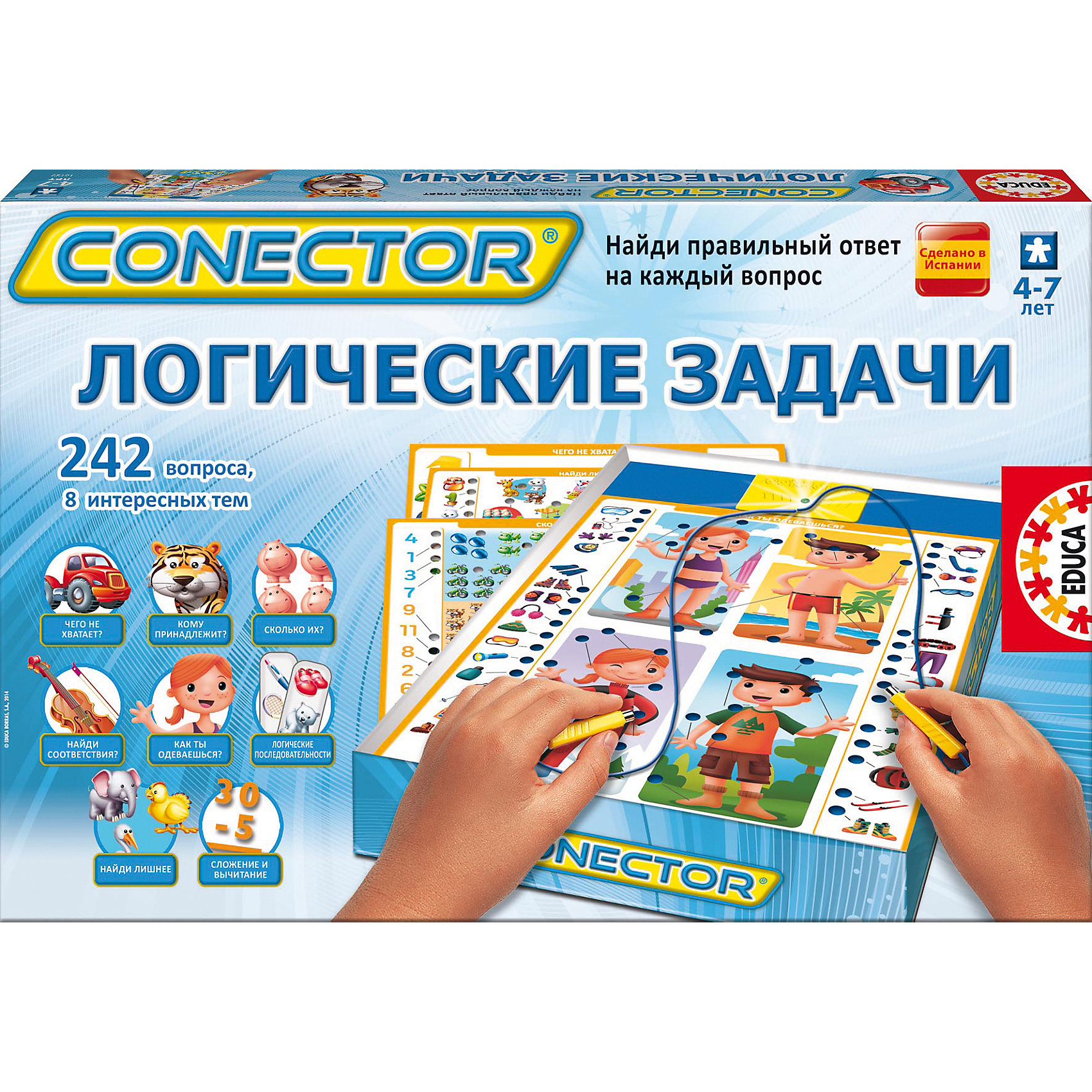 Электровикторина Логические задачи, Educa Электровикторина Логические задачи, EducaВикторины, ребусы<br>Увлекательная электровикторина Логические задачи, Educa, не даст заскучать Вашему ребенку и поможет развить свои логические способности, находчивость и эрудицию. В комплекте Вы найдете игровую плату со световым модулем, 8 больших листов с различными вопросами, заданиями и вариантами ответов на них (всего 242 вопроса). В ходе игры участникам предстоит определить логические последовательности, обнаружить неверное изображение, решить математические примеры, найти недостающие предметы, а также выполнить множество других интересных заданий. Чтобы ответить на вопрос нужно соединить специальными клеммами кружочки с вопросом и вариантом ответа на него. Если ответ выбран правильно, на табло загорится зеленый огонек. Игра знакомит ребенка с множеством интересных фактов из самых разных областей знаний, помогает развить кругозор, а также способствует развитию логического мышления. <br><br>Дополнительная информация:<br><br>- В комплекте: 8 иллюстрированных карточек, содержащих 242 вопроса, электронная схема для самопроверки.<br>- Материал: картон.<br>- Требуются батарейки: 2 х LR6 по 1,5В (в комплект не входят).<br>- Размер упаковки: 25,5 х 38,3 х 4,6 см.<br>- Вес: 0,52 кг.<br><br>Электровикторину Логические задачи, Educa, можно купить в нашем магазине.<br><br>Ширина мм: 383<br>Глубина мм: 46<br>Высота мм: 255<br>Вес г: 520<br>Возраст от месяцев: 48<br>Возраст до месяцев: 168<br>Пол: Унисекс<br>Возраст: Детский<br>SKU: 4566310