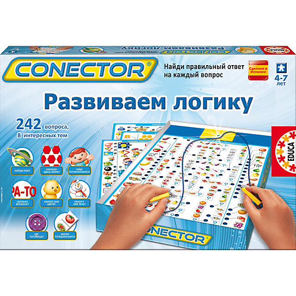 Электровикторина Развиваем логику, Educa Электровикторина Развиваем логику, EducaВикторины и ребусы<br>Увлекательная электровикторина Развиваем логику, Educa, не даст заскучать Вашему ребенку и поможет развить свои логические способности, находчивость и эрудицию. В комплекте Вы найдете игровую плату со световым модулем и 8 больших листов с различными вопросами, заданиями и вариантами ответов на них (всего 242 вопроса). Вопросы по каждой теме были разработаны коллективом педагогов и преподавателей с учетом возраста ребенка. В ходе игры участникам предстоит выполнить множество интересных заданий: сколько здесь форм?, какого они цвета?, найди противоположности, найди пары, закончи последовательность и другие. Чтобы ответить на вопрос нужно соединить специальными клеммами кружочки с вопросом и вариантом ответа на него. Если ответ выбран правильно, на табло загорится зеленый огонек. Игра знакомит ребенка с множеством интересных фактов из самых разных областей знаний, помогает развить кругозор, а также способствует развитию логического мышления. Для детей 4-7 лет.<br><br>Дополнительная информация:<br><br>- В комплекте: 8 иллюстрированных карточек, содержащих 242 вопроса, электронная схема для самопроверки.<br>- Материал: бумага, картон.<br>- Требуются батарейки: 2 х LR6 по 1,5В (в комплект не входят).<br>- Размер упаковки: 25,3 х 40,5 х 4,5 см.<br>- Вес: 0,492 кг.<br><br>Электровикторину Развиваем логику, Educa, можно купить в нашем магазине.<br><br>Ширина мм: 400<br>Глубина мм: 45<br>Высота мм: 253<br>Вес г: 500<br>Возраст от месяцев: 48<br>Возраст до месяцев: 168<br>Пол: Унисекс<br>Возраст: Детский<br>SKU: 4566312