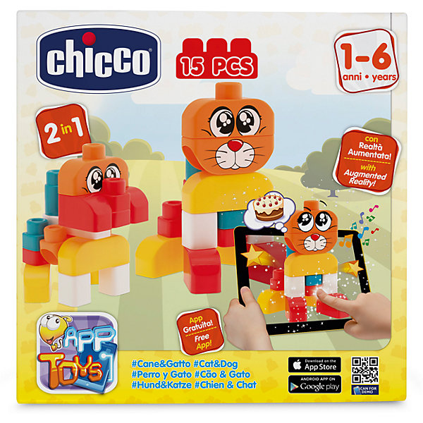 Набор строительных блоков Кошка и собака, 15шт, CHICCO Набор строительных блоков Кошка и собака, 15шт, CHICCOПластмассовые конструкторы<br>Набор строительных блоков Кошка и собака, 15шт, CHICCO (ЧИКО) – это конструктор с которым виртуальность становится реальностью.<br>С набором строительных блоков Кошка и собака от Chicco (Чико) ребенок научится собирать забавные фигурки в виде милой кошки и веселой собаки. Игрушка помогает ребенку развивать мелкую моторику, логическое и образное мышление, а также фантазию и воображение! На этом волшебство этой игрушки не заканчивается! Скачайте бесплатное приложение в AppStore или GooglePlay и оживите собранную фигурку! Приложение подходит для планшетов и смартфонов. Направляя планшет на собранную фигурку, малыш увидит, как игрушка оживет, будет мило улыбаться ему с экрана, подмигивать и хлопать глазками, а нажимая на животное, на экране планшета, малыш увидит, как оно двигается и меняет свое положение! Набор изготовлен из высококачественного прочного и абсолютно безопасного пластика. Не содержит бисфенол-а.<br><br>Дополнительная информация:<br><br>- В наборе: 15 блоков<br>- Материал: пластик<br>- Размер упаковки: 250х70х250 мм.<br>- Вес: 340 гр.<br><br>Набор строительных блоков Кошка и собака, 15шт, CHICCO (ЧИКО) можно купить в нашем интернет-магазине.<br><br>Ширина мм: 250<br>Глубина мм: 70<br>Высота мм: 250<br>Вес г: 340<br>Возраст от месяцев: 12<br>Возраст до месяцев: 72<br>Пол: Унисекс<br>Возраст: Детский<br>SKU: 4577236