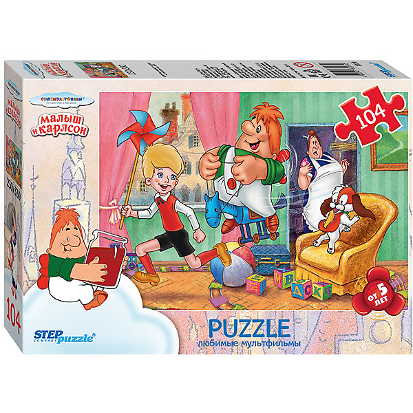 Пазл Малыш и Карлсон, 104 детали, Step Puzzle Пазл Малыш и Карлсон, 104 детали, Step PuzzleПазлы для детей постарше<br>Пазл Малыш и Карлсон, 104 детали, Step Puzzle (Степ Пазл) – это замечательный красочный пазл с изображением любимых героев.<br>Пазлы «Союзмультфильм» от Step Puzzle (Степ Пазл) – напомнят о любимых сказочных героях знакомых с детства мультфильмов. Подарите ребенку чудесный пазл Малыш и Карлсон, и он будет увлеченно подбирать детали, пока не составит яркую и интересную картинку, на которой Малыш и Карлсон расшалились и не замечают, что за ними наблюдает Фрекен Бок. Сборка пазла Малыш и Карлсон от Step Puzzle (Степ Пазл) подарит Вашему ребенку не только множество увлекательных вечеров, но и принесет пользу для развития. Координация, моторика, внимательность легко тренируются, пока ребенок увлеченно подбирает детали. Качественные фрагменты пазла отлично проклеены и идеально подходят один к другому, поэтому сборка пазла обеспечит малышу только положительные эмоции. Вы будете использовать этот пазл не один год, ведь благодаря качественной нарезке детали не расслаиваются даже после многократного использования.<br><br>Дополнительная информация:<br><br>- Количество деталей: 104<br>- Материал: картон<br>- Размер собранной картинки: 33х23 см.<br>- Отличная проклейка<br>- Долгий срок службы<br>- Детали идеально подходят друг другу<br>- Яркий сюжет<br>- Упаковка: картонная коробка<br>- Размер упаковки: 195x35x140 мм.<br>- Вес: 400 гр.<br><br>Пазл Малыш и Карлсон, 104 детали, Step Puzzle (Степ Пазл) можно купить в нашем интернет-магазине.<br><br>Ширина мм: 195<br>Глубина мм: 35<br>Высота мм: 140<br>Вес г: 400<br>Возраст от месяцев: 60<br>Возраст до месяцев: 144<br>Пол: Унисекс<br>Возраст: Детский<br>Количество деталей: 104<br>SKU: 4588271