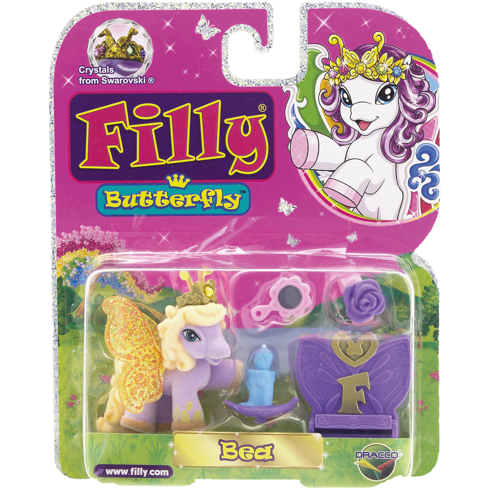 Бабочка с аксессуарами Bea, Filly, Dracco Бабочка с аксессуарами Bea, Filly, DraccoКоллекционные и игровые фигурки<br>Лошадки-бабочки Filly (Филли) живут в сказочном саду внутри волшебного леса Папиллия. Аккуратные, бархатистые наощупь фигурки приведут в восторг любую девочку и займут достойное место в ее коллекции лошадок. <br>В яркой подарочной упаковке спряталась фигурка лошадки и аксессуары для украшения и декорирования игрушки и ее окружения. Вместе с каждой лошадкой в упаковке вы найдете карточку персонажа и брошюру с описанием других героев серии Filly Butterfly Glitter. <br>У бабочек-лошадок в диадеме есть настоящий кристалл Swarovski. Собери всех прекрасных бабочек, пусть они ходят друг к другу в гости, дружат, меняются аксессуарами. <br>Игрушки выполнены из высококачественных экологичных материалов безопасных для детей. <br><br>Дополнительная информация:<br><br>- Материал: пластик.<br>- Высота фигурки: 6 см.<br>- Фигурка покрыта бархатистым флоком. <br>- Комплектация: фигурка, 4 уникальных аксессуара, карточка, буклет с описанием других лошадок. <br><br>Игровой набор Бабочка с аксессуарами, Bea, Filly, Dracco, можно купить в нашем магазине.<br><br>Ширина мм: 40<br>Глубина мм: 140<br>Высота мм: 170<br>Вес г: 80<br>Возраст от месяцев: 36<br>Возраст до месяцев: 96<br>Пол: Женский<br>Возраст: Детский<br>SKU: 4596133