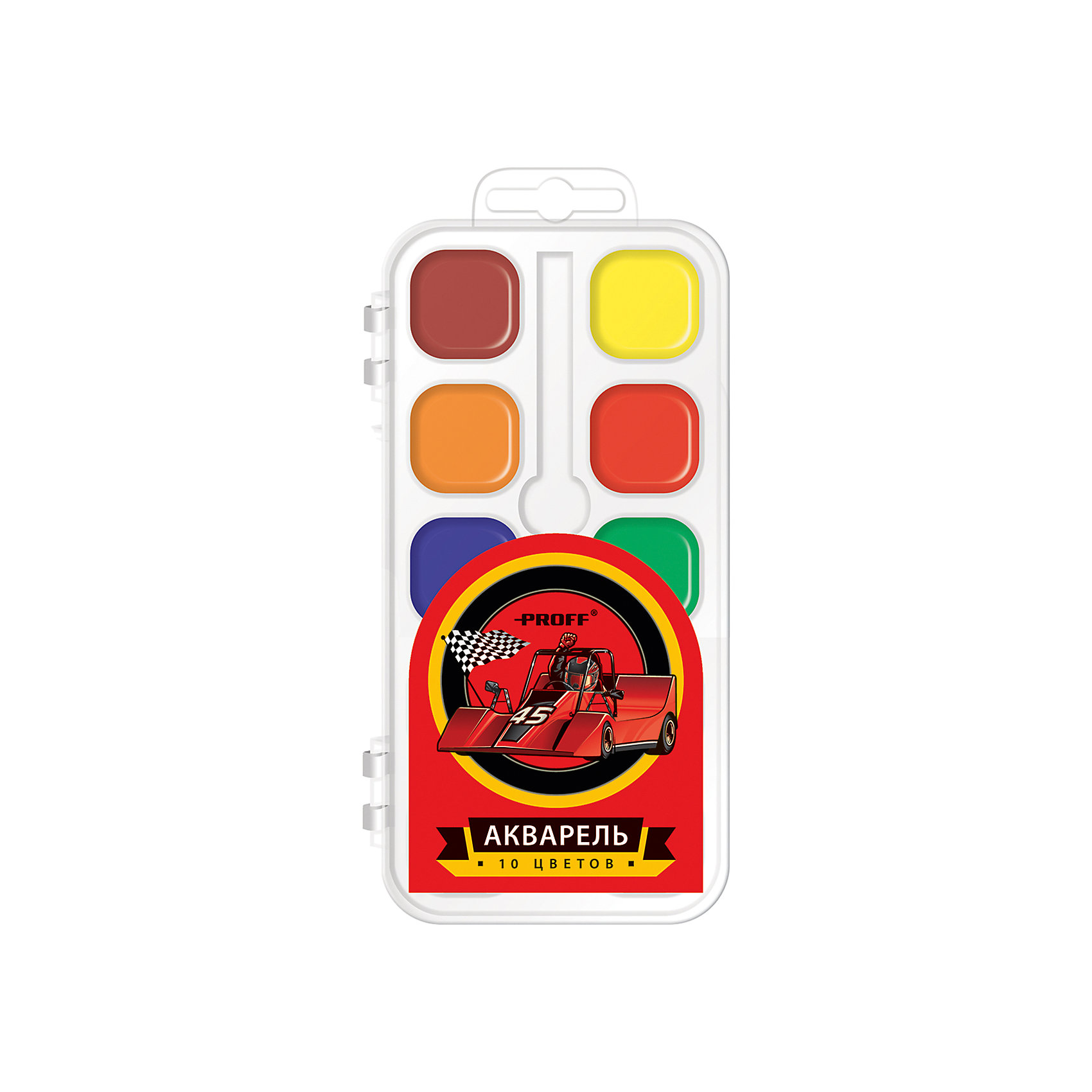 Краски акварельные медовые Racing, 10 цветов Краски акварельные медовые Racing, 10 цветовАкварельные краски Racing, Proff, хорошо подойдут как для школьных занятий так и для детского творчества в свободное время. В наборе 10 акварельных медовых красок, упакованных в пластиковую коробочку-контейнер с изображением гоночного автомобиля. Краски легко размываются, создавая прозрачный цветной слой, легко смешиваются между собой, не крошатся и не смазываются, быстро сохнут. Кисточка в комплект не входит.<br><br>Дополнительная информация:<br><br>- В комплекте: 10 цветов.<br>- Размер упаковки: 15 х 2 х 8 см.<br>- Вес: 60 гр.<br><br>Краски акварельные медовые Racing, 10 цветов, Proff, можно купить в нашем интернет-магазине.<br><br>Ширина мм: 150<br>Глубина мм: 20<br>Высота мм: 80<br>Вес г: 60<br>Возраст от месяцев: 72<br>Возраст до месяцев: 144<br>Пол: Мужской<br>Возраст: Детский<br>SKU: 4601772