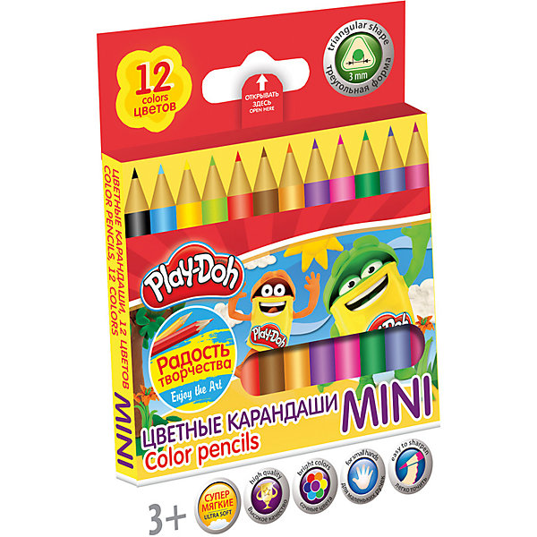 Цветные карандаши Mini 12 цветов, Play-Doh Цветные карандаши Mini 12 цветов, Play-DohPlay-Doh<br>Набор цветных карандашей, MINI, 12 шт., трехгранные. Длина 8,9 см; заточенные; розовое дерево; прочный грифель ? 3 мм; логотип тиснение золотом. Размер 9 х 8,6 х 0,8 см. Play Doh<br><br>Ширина мм: 90<br>Глубина мм: 86<br>Высота мм: 8<br>Вес г: 36<br>Возраст от месяцев: 36<br>Возраст до месяцев: 108<br>Пол: Унисекс<br>Возраст: Детский<br>SKU: 4614752