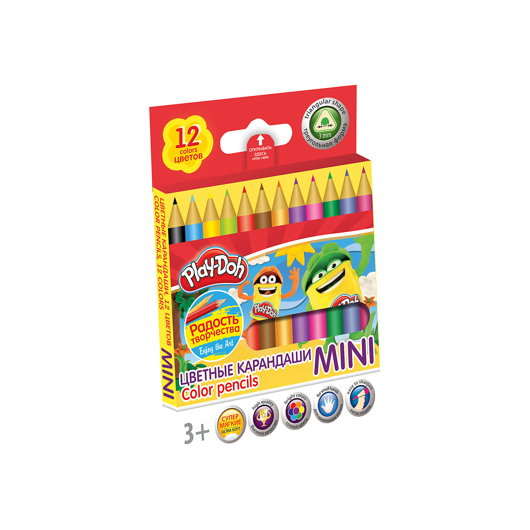 Цветные карандаши Mini 12 цветов, Play-Doh Цветные карандаши Mini 12 цветов, Play-DohPlay-Doh<br>Набор цветных карандашей, MINI, 12 шт., трехгранные. Длина 8,9 см; заточенные; розовое дерево; прочный грифель ? 3 мм; логотип тиснение золотом. Размер 9 х 8,6 х 0,8 см. Play Doh<br><br>Ширина мм: 90<br>Глубина мм: 86<br>Высота мм: 8<br>Вес г: 36<br>Возраст от месяцев: 36<br>Возраст до месяцев: 108<br>Пол: Унисекс<br>Возраст: Детский<br>SKU: 4614752