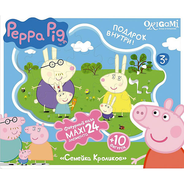 Пазл Семья кроликов + магниты + подставки, 24 MAXI детали, Свинка Пеппа Пазл Семья кроликов + магниты + подставки, 24 MAXI детали, Свинка ПеппаПазлы для малышей<br>Пазл Семья кроликов, Свинка Пеппа - увлекательный и развивающий набор для творчества, который непременно заинтересует Вашего малыша. Из деталей пазла он сможет собрать красочную фигурную картинку с изображением забавной семьи кроликов из популярного мультсериала Peppa Pig. Собранную картинку можно поместить на подставку, превратив ее в декорацию для игры с картонными фигурками персонажей (входят в комплект). А с помощью магнитов изображение или фигурки можно прикрепить к холодильнику. Пазл отличается высоким качеством полиграфии и насыщенными цветами. Благодаря ламинированному покрытию картинка надолго сохраняет свой блеск и яркие цвета. Плотный картон не дает деталям мяться и обеспечивает надежное соединение. Собирание пазла способствует развитию логического и пространственного мышления, внимания, мелкой моторики и координации движений.<br><br>Дополнительная информация:<br><br>- В комплекте: контурный пазл (24 детали), 10 фигурок, магниты, подставка.<br>- Материал: картон, бумага. <br>- Размер упаковки: 28 x 6 x 23 см.<br>- Вес: 0,424 кг.<br> <br>Пазл Семья кроликов + магниты + подставки, 24 MAXI детали, Свинка Пеппа, Origami, можно купить в нашем интернет-магазине.<br><br>Ширина мм: 280<br>Глубина мм: 60<br>Высота мм: 230<br>Вес г: 100<br>Возраст от месяцев: 36<br>Возраст до месяцев: 96<br>Пол: Унисекс<br>Возраст: Детский<br>SKU: 4614942