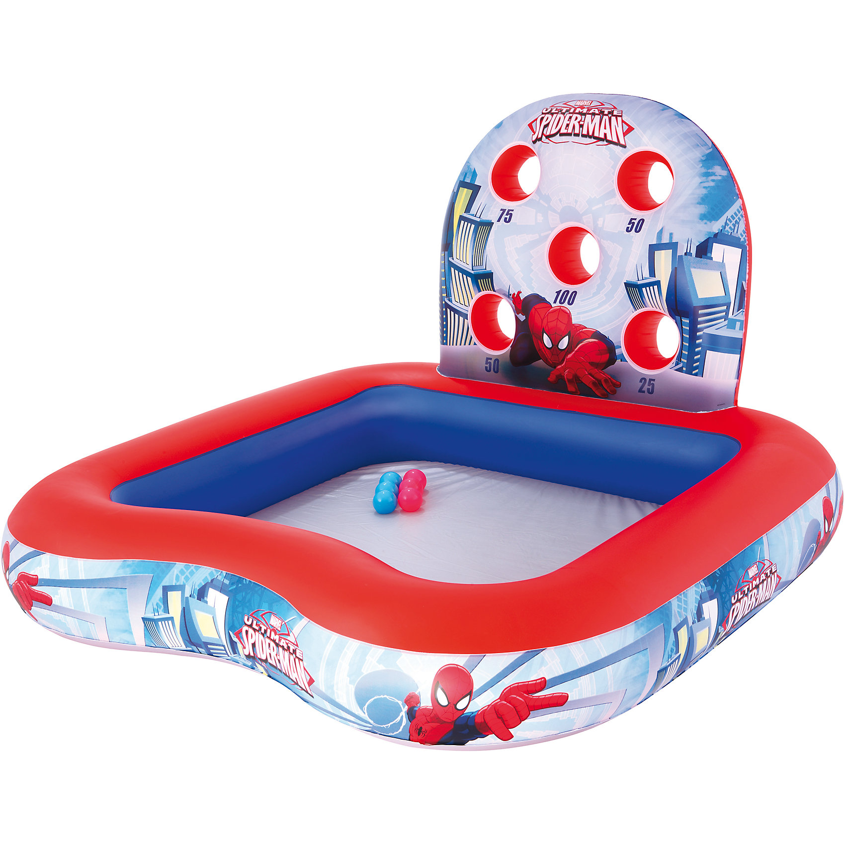 Игровой бассейн, 170 л, с принадлежностями для игр, Bestway Игровой бассейн, 170 л, с принадлежностями для игр, BestwayИгровой бассейн, Bestway - это отличное детское развлечение в жаркие летние дни. Надувной бассейн прямоугольной формы имеет оригинальный дизайн по мотивам популярных фильмов о Человеке-Пауке и украшен изображениями супергероя. Изготовлен из прочного материала ПВХ, который способен выдерживать большие нагрузки. Помимо плескания в воде, в бассейне можно поиграть в веселую игру на меткость - попасть шариками в отверстия на надувной мишени. Бассейн легко надувается при помощи насоса (в комплект не входит!). Рассчитан на детей от 3 лет.<br><br>Дополнительная информация:<br><br>- В комплекте: бассейн, 6 мячей для игры в тир, заплатка для ремонта.<br>- Материал: ПВХ.<br>- Объем: 170 л.<br>- Размер бассейна: 155 x 155 x 99 см.<br>- Размер упаковки: 40 х 8 х 39 см.<br>- Вес: 2,539 кг. <br><br>Игровой бассейн, 170 л., с принадлежностями для игр, Bestway, можно купить в нашем интернет-магазине.<br><br>Ширина мм: 4000<br>Глубина мм: 3930<br>Высота мм: 800<br>Вес г: 2539<br>Возраст от месяцев: 36<br>Возраст до месяцев: 120<br>Пол: Унисекс<br>Возраст: Детский<br>SKU: 4632845