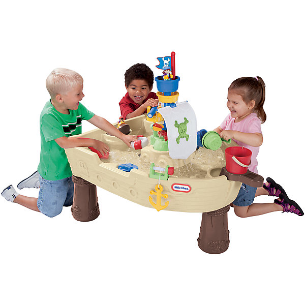 Игровой стол Пиратский корабль, Little Tikes Игровой стол Пиратский корабль, Little TikesИграем в песочнице<br>Игровой стол Пиратский корабль, Little Tikes (Литтл Тайкс), стилизованный под пиратский корабль, подойдет для веселой игры с водой активным детям, увлекающимся пиратской темой и любящим приключения! Центральная мачта – это фонтан, подача воды наверх осуществляется с помощью насоса. Игровой стол предлагает множество игр с водой одновременно для 4-5 детей:<br>-Якорь можно поднимать и опускать, если вращать ручку<br>-У игрушечной акулы при нажатии из пасти вылетает струя воды<br>-Игрушечных пиратов можно покатать в лодочке, посадить на мачту, за штурвал, спустить с водяной горки или поместить в спасательный круг<br>-С помощью специальных каруселей можно создать ток воды внутри корабля, и предметы начнут двигаться в воде<br>-Водная пушка дает возможность целиться и стрелять водой<br>-После игры воду легко слить – для этого предусмотрен специальный клапан в нижней части стола<br><br>Комплектация: ведерко, ковшик, ковшик-сито, брызгалка в виде синей акулы, фигурки 2 пиратов, лодочка, спасательный круг, капитанский мостик со штурвалом, который вращается, парус и флаг с пиратской символикой, поднимающийся якорь, водяная пушка, фонтан на мачте<br><br>Дополнительная информация:<br>-Вес в упаковке: 8,9 кг<br>-Размеры в упаковке:98х23х74 см<br>-Материалы: пластик<br>-Размеры столика в сборе: 102x71x79 см<br>-Для работы нужны батарейки 4хС1,5V (в комплект не входят)<br><br>Игровой стол «Пиратский корабль» – отличный вариант для развлечения детей летом на свежем воздухе, который надолго увлечет активных малышей!<br><br>Игровой стол Пиратский корабль, Little Tikes (Литтл Тайкс) можно купить в нашем магазине.<br><br>Ширина мм: 229<br>Глубина мм: 737<br>Высота мм: 991<br>Вес г: 9170<br>Возраст от месяцев: 24<br>Возраст до месяцев: 84<br>Пол: Унисекс<br>Возраст: Детский<br>SKU: 4639209