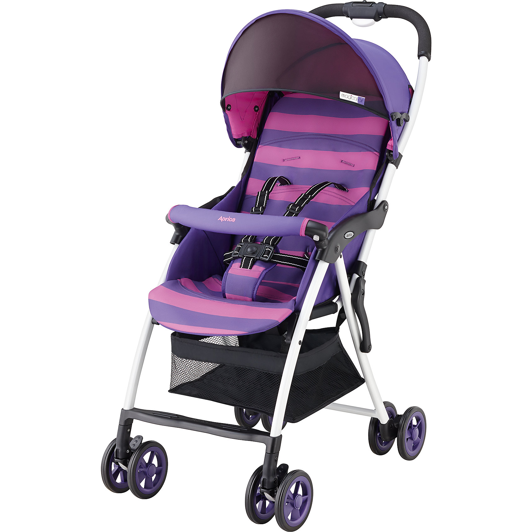 Прогулочная коляска Aprica Magical Air, фиолетовый Прогулочная коляска Aprica Magical Air, фиолетовыйПрогулочные коляски<br>Супер легкая коляска прекрасно подойдет для отпуска, прогулок и шопинга.<br><br>Дополнительная информация:<br><br>Уникально малый вес – всего 2,8 кг<br>Коляска легко складывается и раскладывается одним нажатием кнопки<br>Очень компактна в сложенном виде<br>Прочная рама дает возможность длительного использования<br>Солнцезащитный козырек защищает от УФ лучей<br>Удобный съемный бампер<br>Просторное, широкое сидение <br>Сдвоенные пары колес<br>верхняя часть матрасика на молнии (легко снимается и стирается при 30 град. С)<br>3D колеса увеличенного диаметра и ширины<br>Комплектация: Прогулочный блок, Рама, 5-точечные внутренние ремни<br>Вес ребенка: до 15 кг<br>Тип складывания«книжка»<br>Регулировка спинки: есть, 118-135°<br>Горизонтальное положение спинки: нет<br>Перекидная ручка: нет<br>Внутренние ремни: есть, 5-точечные<br>Съемные подушки: да, можно стирать<br>Корзина для вещей сетчатая<br>Размеры в разложенном виде (Ш?Д?В)46?80?97 см<br>Размеры в сложенном виде (Ш?Д?В)46?27?97 см<br>Внутренняя ширина сидения 32 см<br><br>Прогулочную коляску Magical Air, Aprica, фиолетовый можно купить в нашем магазине.<br><br>Ширина мм: 970<br>Глубина мм: 470<br>Высота мм: 270<br>Вес г: 4900<br>Цвет: фиолетовый<br>Возраст от месяцев: 6<br>Возраст до месяцев: 36<br>Пол: Женский<br>Возраст: Детский<br>SKU: 4639432
