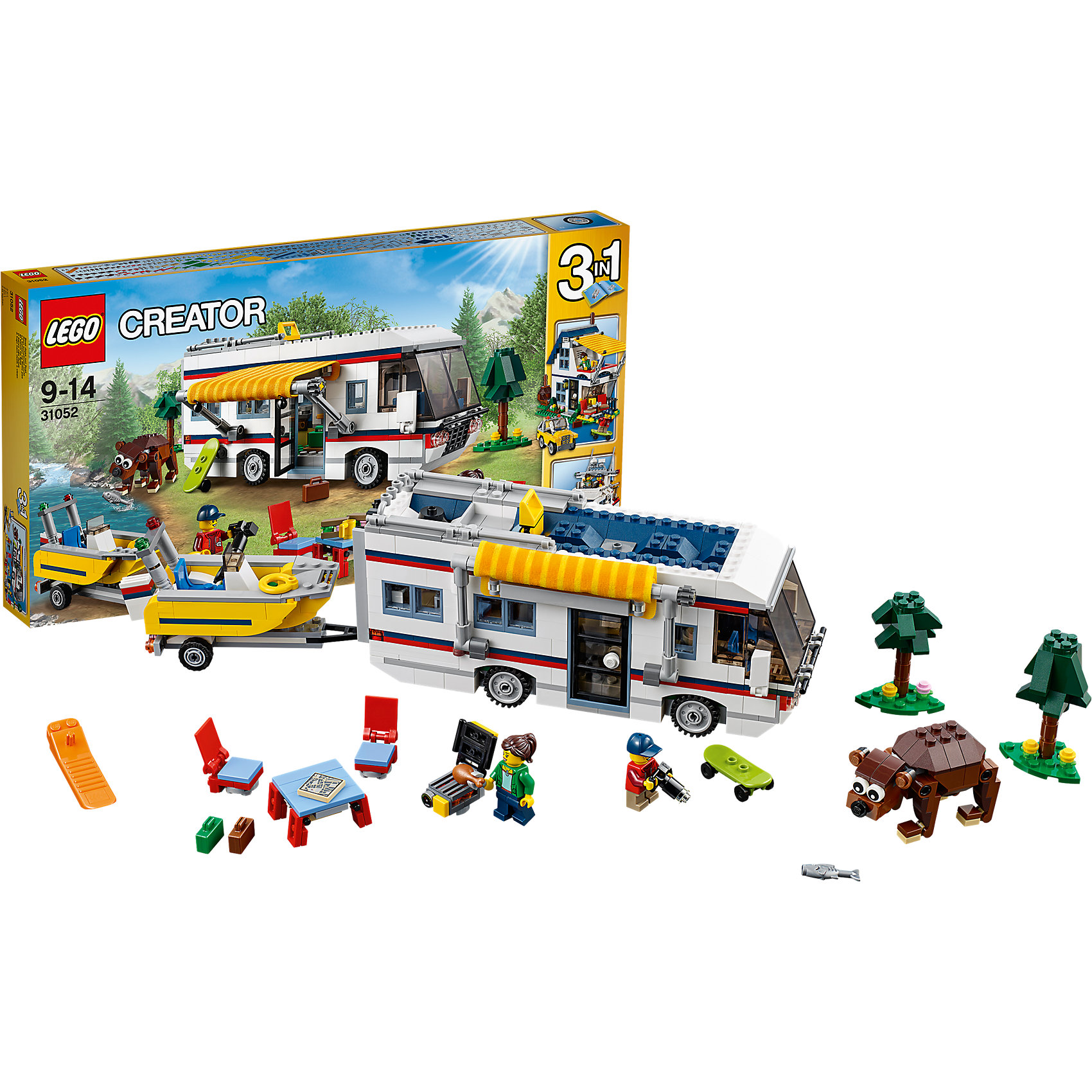 LEGO Creator 31052: Кемпинг LEGO Creator 31052: КемпингПластмассовые конструкторы<br>Играть с конструктором обожает множество современных детей, поэтому набор Лего, из которого можно собрать дом на колесах, в котором будет роскошный интерьер с туалетом, складной кроватью, кухней, диваном и телевизором, обязательно обрадует ребенка. Такие игрушки помогают детям развивать воображение, мелкую моторику, логику и творческое мышление.<br>Набор состоит из фигурок людей и деталей, из которых получится дом на колесах. С таким комплектом можно придумать множество игр!<br><br>Дополнительная информация:<br><br>цвет: разноцветный;<br>размер коробки: 54 х 5,9 х 28,2 см;<br>вес: 1363 г;<br>материал: пластик;<br>количество деталей: 792.<br><br>Набор Маяк от бренда LEGO Creator можно купить в нашем магазине.<br><br>Ширина мм: 539<br>Глубина мм: 281<br>Высота мм: 60<br>Вес г: 1378<br>Возраст от месяцев: 108<br>Возраст до месяцев: 168<br>Пол: Унисекс<br>Возраст: Детский<br>SKU: 4641190