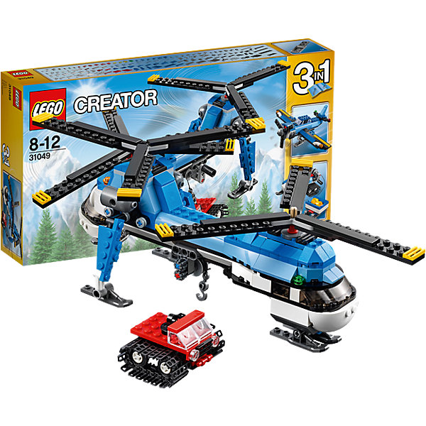 LEGO Creator 31049: Двухвинтовой вертолёт LEGO Creator 31049: Двухвинтовой вертолётКонструкторы Лего<br>Вертолеты и конструкторы обожает множество современных детей, поэтому набор Лего, из которого можно собрать двухвинтовой вертолет, обязательно обрадует ребенка. Такие игрушки помогают детям развивать воображение, мелкую моторику, логику и творческое мышление.<br>Набор состоит из множества деталей, с помощью которых можно сделать не только вертолет! С таким комплектом можно придумать множество игр!<br><br>Дополнительная информация:<br><br>цвет: разноцветный;<br>размер коробки: 35,4 х 5,9 х 19,1 см;<br>вес: 612 г;<br>материал: пластик;<br>количество деталей: 326.<br><br>Набор Двухвинтовой вертолёт от бренда LEGO Creator можно купить в нашем магазине.<br><br>Ширина мм: 353<br>Глубина мм: 192<br>Высота мм: 63<br>Вес г: 552<br>Возраст от месяцев: 96<br>Возраст до месяцев: 144<br>Пол: Мужской<br>Возраст: Детский<br>SKU: 4641192