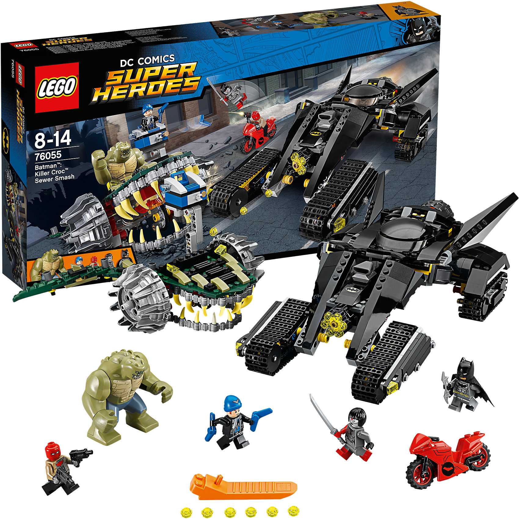 LEGO Super Heroes 76055: Бэтмен: убийца Крок LEGO Super Heroes 76055: Бэтмен: убийца КрокПластмассовые конструкторы<br>Бэтмена обожает множество современных мальчишек, поэтому набор Лего, из которого можно собрать разные сюжеты про его подвиги, обязательно порадует ребенка. Такие игрушки помогают детям развивать воображение, мелкую моторику, логику и творческое мышление.<br>Набор состоит из множества деталей, с помощью которых можно собрать транспорт для супергероя, а также в нем есть фигурки любимых персонажей! С таким комплектом можно придумать множество игр!<br><br>Дополнительная информация:<br><br>цвет: разноцветный;<br>размер коробки: 8 x 54 x 28 см;<br>вес: 1000 г;<br>материал: пластик;<br>количество деталей: 759.<br><br>Набор Бэтмен: убийца Крок от бренда LEGO Super Heroes можно купить в нашем магазине.<br><br>Ширина мм: 539<br>Глубина мм: 278<br>Высота мм: 84<br>Вес г: 1100<br>Возраст от месяцев: 96<br>Возраст до месяцев: 168<br>Пол: Мужской<br>Возраст: Детский<br>SKU: 4641196