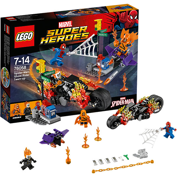 LEGO Super Heroes 76058:Человек-паук: союз с Призрачным гонщиком LEGO Super Heroes 76058:Человек-паук: союз с Призрачным гонщикомПластмассовые конструкторы<br>Человека-Паука обожает множество современных мальчишек, поэтому набор Лего, из которого можно собрать разные сюжеты про его подвиги, обязательно порадует ребенка. Такие игрушки помогают детям развивать воображение, мелкую моторику, логику и творческое мышление.<br>Набор состоит из множества деталей, с помощью которых можно собрать декорации для супергероя, а также в нем есть фигурки любимых персонажей и злодеев! С таким комплектом можно придумать множество игр!<br><br>Дополнительная информация:<br><br>цвет: разноцветный;<br>материал: пластик;<br>количество деталей: 217.<br><br>Набор Человек-паук: союз с Призрачным гонщиком от бренда LEGO Super Heroes можно купить в нашем магазине.<br><br>Ширина мм: 267<br>Глубина мм: 190<br>Высота мм: 50<br>Вес г: 295<br>Возраст от месяцев: 84<br>Возраст до месяцев: 168<br>Пол: Мужской<br>Возраст: Детский<br>SKU: 4641198
