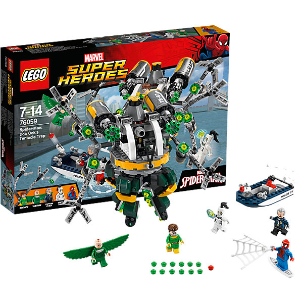 LEGO Super Heroes 76059: Человек-паук: в ловушке Доктора Осьминога LEGO Super Heroes 76059: Человек-паук: в ловушке Доктора ОсьминогаПластмассовые конструкторы<br>Человека-Паука обожает множество современных мальчишек, поэтому набор Лего, из которого можно собрать разные сюжеты про его подвиги, обязательно порадует ребенка. Такие игрушки помогают детям развивать воображение, мелкую моторику, логику и творческое мышление.<br>Набор состоит из множества деталей, с помощью которых можно собрать декорации для супергероя, а также в нем есть фигурки любимых персонажей и злодеев! С таким комплектом можно придумать множество игр!<br><br>Дополнительная информация:<br><br>цвет: разноцветный;<br>материал: пластик;<br>количество деталей: 446.<br><br>Набор Человек-паук: в ловушке Доктора Осьминога от бренда LEGO Super Heroes можно купить в нашем магазине.<br><br>Ширина мм: 385<br>Глубина мм: 261<br>Высота мм: 60<br>Вес г: 621<br>Возраст от месяцев: 84<br>Возраст до месяцев: 168<br>Пол: Мужской<br>Возраст: Детский<br>SKU: 4641199