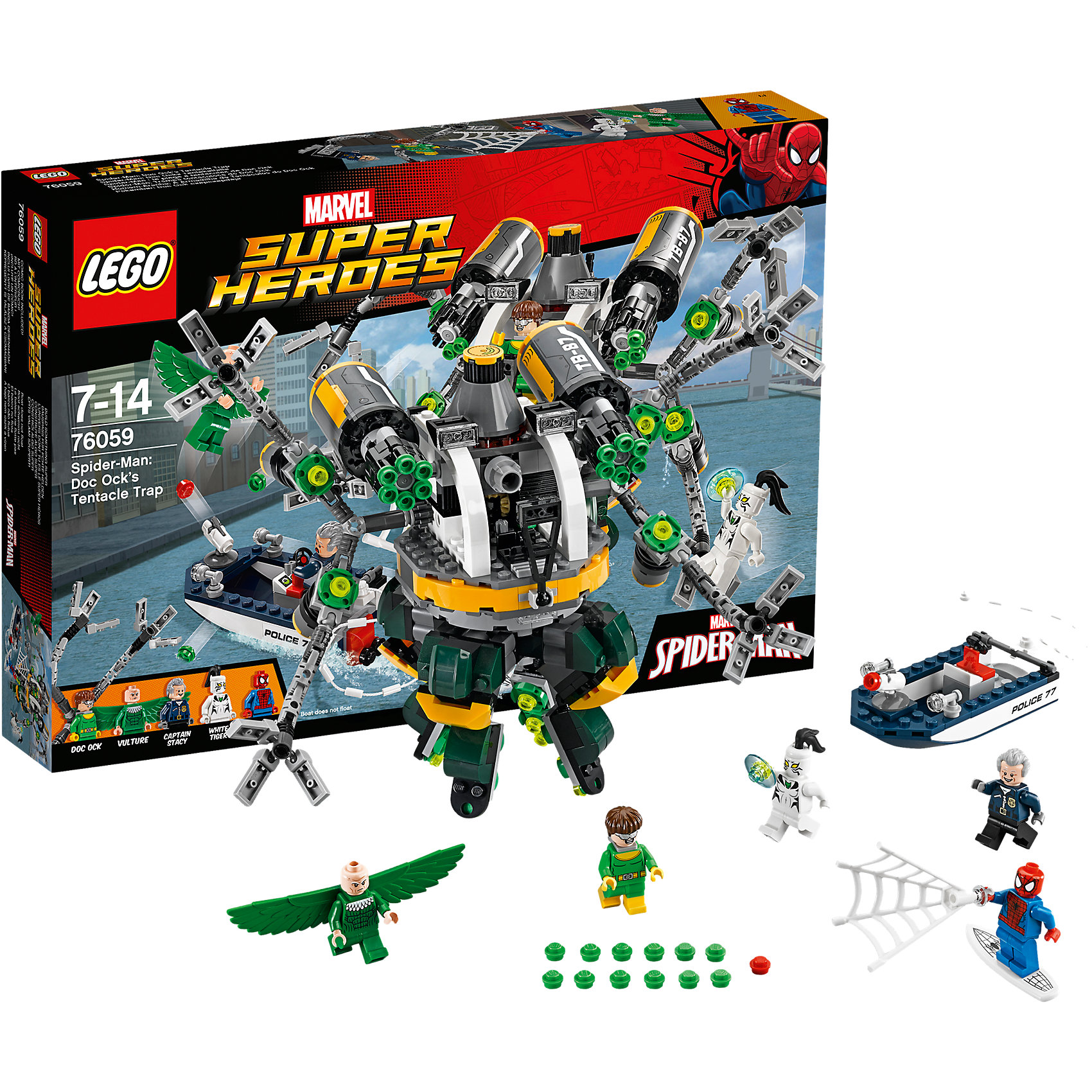 LEGO Super Heroes 76059: Человек-паук: в ловушке Доктора Осьминога LEGO Super Heroes 76059: Человек-паук: в ловушке Доктора ОсьминогаПластмассовые конструкторы<br>Человека-Паука обожает множество современных мальчишек, поэтому набор Лего, из которого можно собрать разные сюжеты про его подвиги, обязательно порадует ребенка. Такие игрушки помогают детям развивать воображение, мелкую моторику, логику и творческое мышление.<br>Набор состоит из множества деталей, с помощью которых можно собрать декорации для супергероя, а также в нем есть фигурки любимых персонажей и злодеев! С таким комплектом можно придумать множество игр!<br><br>Дополнительная информация:<br><br>цвет: разноцветный;<br>материал: пластик;<br>количество деталей: 446.<br><br>Набор Человек-паук: в ловушке Доктора Осьминога от бренда LEGO Super Heroes можно купить в нашем магазине.<br><br>Ширина мм: 385<br>Глубина мм: 261<br>Высота мм: 60<br>Вес г: 621<br>Возраст от месяцев: 84<br>Возраст до месяцев: 168<br>Пол: Мужской<br>Возраст: Детский<br>SKU: 4641199