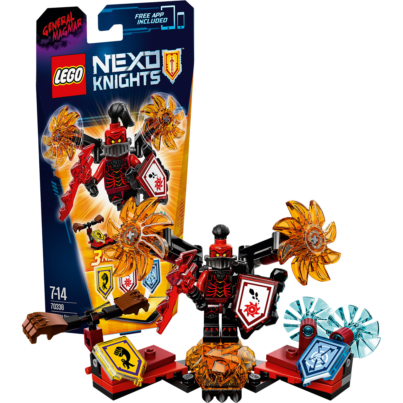 LEGO NEXO KNIGHTS 70338: Генерал Магмар - Абсолютная сила LEGO NEXO KNIGHTS 70338: Генерал Магмар - Абсолютная силаПластмассовые конструкторы<br>Генерал Магмар играет подло, и даже Джестро нужно оглядываться, когда Генерал Магмар Абсолютная сила начинает вращать своё пылающее оружие. Используй магию, чтобы поразить противников, вызвав NEXO-силу «Вихревой ветер»! Этот злой генерал даже может переломить ход сражения, если пустит в ход свои сокрушающие кулаки.<br><br>LEGO Nexo Knights ( ЛЕГО Нексо Найт) - это невероятный мир прогресса и новых технологий, в котором все же нашлось место для настоящих рыцарей, магии и волшебства. Удивительное сочетание футуризма и средневековой романтики увлекает и детей, и взрослых, а множество наборов серии и высокая детализация позволяют создать свой волшебный мир Nexo Knights!<br><br>Дополнительная информация:<br><br>- Конструкторы ЛЕГО развивают усидчивость, внимание, фантазию и мелкую моторику. <br>- Количество деталей: 69. <br>- 1 минифигурка, постамент, аксессуары. <br>- Серия ЛЕГО Нексо Найт (LEGO Nexo Knights).<br>- Материал: пластик.<br>- Размер упаковки: 24х5х14 см.<br>- Вес: 0.095 кг.<br><br>Конструктор LEGO Nexo Knights 70338: Генерал Магмар - Абсолютная сила можно купить в нашем магазине.<br><br>Ширина мм: 236<br>Глубина мм: 142<br>Высота мм: 50<br>Вес г: 95<br>Возраст от месяцев: 84<br>Возраст до месяцев: 168<br>Пол: Мужской<br>Возраст: Детский<br>SKU: 4641202