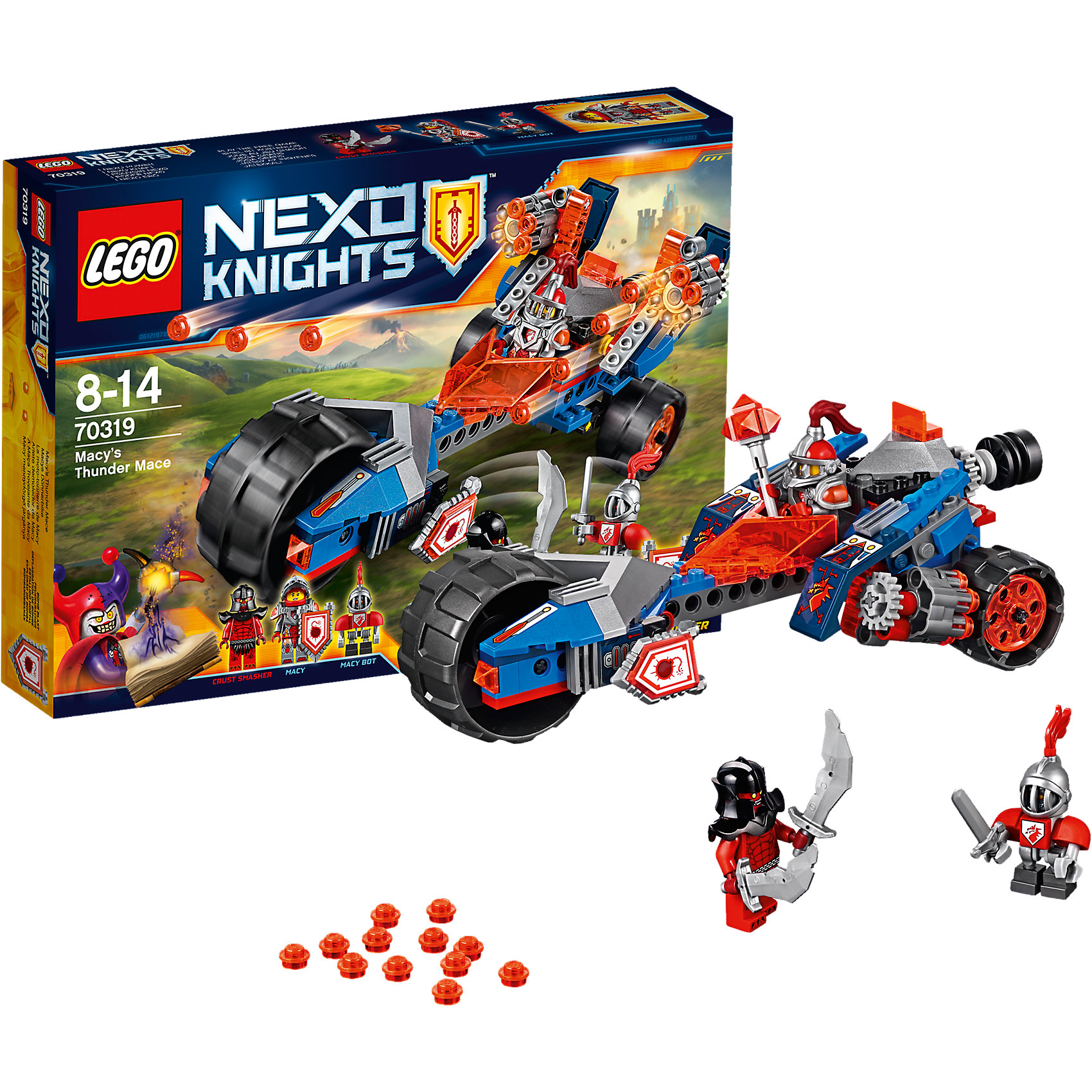 LEGO NEXO KNIGHTS 70319: Молниеносная машина Мэйси LEGO NEXO KNIGHTS 70319: Молниеносная машина МэйсиПластмассовые конструкторы<br>Застань противника врасплох! Поверни ручку, чтобы выдвинуть скорострельные шипованные шутеры молниеносной машины Мэйси. Целься в Магмометателя, затем выпрыгни из машины вместе с верным ботом Мэйси, захвати Фотонную булаву и продолжи битву! В набор входит щит для сканирования NEXO Силы «Взрыв бомбы».<br><br>LEGO Nexo Knights ( ЛЕГО Нексо Найт) - это невероятный мир прогресса и новых технологий, в котором все же нашлось место для настоящих рыцарей, магии и волшебства. Удивительное сочетание футуризма и средневековой романтики увлекает и детей, и взрослых, а множество наборов серии и высокая детализация позволяют создать свой волшебный мир Nexo Knights!<br><br>Дополнительная информация:<br><br>- Конструкторы ЛЕГО развивают усидчивость, внимание, фантазию и мелкую моторику. <br>- Количество деталей: 202 <br>- 3 минифигурки: Мэйси, Магмометатель и бот-оруженосец. <br>- 3 минифигурки, машина, аксессуары. <br>- Машина Мэйси оснащена 2-мя скорострельными орудиями, синхронно поднимающимися при вращении колесика. <br>- Серия ЛЕГО Нексо Найт (LEGO Nexo Knights).<br>- Материал: пластик.<br>- Размер упаковки: 26х4,6х19 см.<br>- Вес: 0.315 кг.<br><br>Конструктор LEGO Nexo Knights 70319: Молниеносная машина Мэйси можно купить в нашем магазине.<br><br>Ширина мм: 264<br>Глубина мм: 190<br>Высота мм: 48<br>Вес г: 311<br>Возраст от месяцев: 96<br>Возраст до месяцев: 168<br>Пол: Мужской<br>Возраст: Детский<br>SKU: 4641205