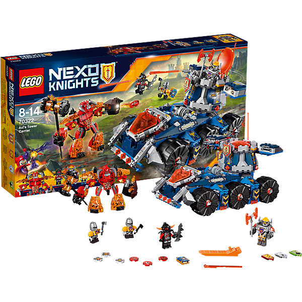 LEGO NEXO KNIGHTS 70322: Башенный тягач Акселя LEGO NEXO KNIGHTS 70322: Башенный тягач АкселяПластмассовые конструкторы<br>Башенный тягач - невероятно мощная машина верзилы Акселя с вращающейся мобильной башней, в которой можно размещать минифигурку рыцаря-гиганта. Отдели башню от Башенного тягача, затем направь её в бой против Бурнзая. Стреляй из ракетных установок и дискового шутера и используй скрытую катапульту Башенного тягача, чтобы остановить продвижение монстров и найти секретное хранилище! Не забудь отправить ботов Акселя для дежурного ремонта, после того как Бурнзай закончит стрелять из дисковых шутеров и крушить всё вокруг своим могучим молотом. В набор входят щиты для сканирования, дающие 4 NEXO Силы: Камнемёт, Испепеление, Поражающий камнепад и Силовое поле.<br><br>LEGO Nexo Knights ( ЛЕГО Нексо Найт) - это невероятный мир прогресса и новых технологий, в котором все же нашлось место для настоящих рыцарей, магии и волшебства. Удивительное сочетание футуризма и средневековой романтики увлекает и детей, и взрослых, а множество наборов серии и высокая детализация позволяют создать свой волшебный мир Nexo Knights!<br><br>Дополнительная информация:<br><br>- Конструкторы ЛЕГО развивают усидчивость, внимание, фантазию и мелкую моторику. <br>- 4 минифигурки: Акселя, Пепельного охотника, двух оруженосцев - сквайроботов Акселя.<br>- Количество деталей: 670.<br>- Комплектация: лавовый монстр Бурнзай, башенный тягач, 4 фигурки, аксессуары. <br>- Серия ЛЕГО Нексо Найт (LEGO Nexo Knights).<br>- Материал: пластик.<br>- Размер упаковки: 54x28x7,9 см.<br>- Вес: 1,188 кг.<br><br>Конструктор LEGO Nexo Knights 70322: Башенный тягач Акселя можно купить в нашем магазине.<br><br>Ширина мм: 539<br>Глубина мм: 279<br>Высота мм: 86<br>Вес г: 1167<br>Возраст от месяцев: 96<br>Возраст до месяцев: 168<br>Пол: Мужской<br>Возраст: Детский<br>SKU: 4641208
