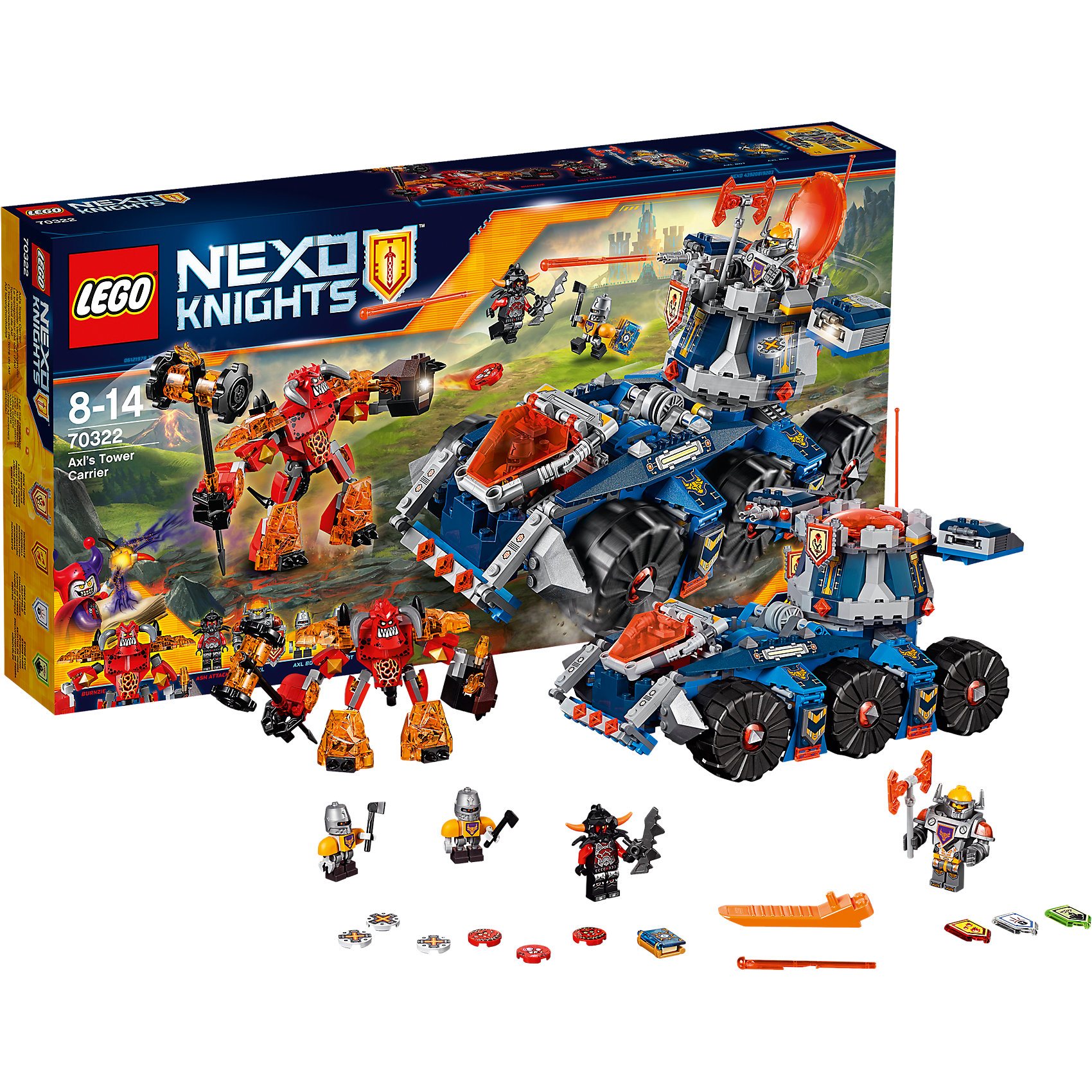 LEGO NEXO KNIGHTS 70322: Башенный тягач Акселя LEGO NEXO KNIGHTS 70322: Башенный тягач АкселяПластмассовые конструкторы<br>Башенный тягач - невероятно мощная машина верзилы Акселя с вращающейся мобильной башней, в которой можно размещать минифигурку рыцаря-гиганта. Отдели башню от Башенного тягача, затем направь её в бой против Бурнзая. Стреляй из ракетных установок и дискового шутера и используй скрытую катапульту Башенного тягача, чтобы остановить продвижение монстров и найти секретное хранилище! Не забудь отправить ботов Акселя для дежурного ремонта, после того как Бурнзай закончит стрелять из дисковых шутеров и крушить всё вокруг своим могучим молотом. В набор входят щиты для сканирования, дающие 4 NEXO Силы: Камнемёт, Испепеление, Поражающий камнепад и Силовое поле.<br><br>LEGO Nexo Knights ( ЛЕГО Нексо Найт) - это невероятный мир прогресса и новых технологий, в котором все же нашлось место для настоящих рыцарей, магии и волшебства. Удивительное сочетание футуризма и средневековой романтики увлекает и детей, и взрослых, а множество наборов серии и высокая детализация позволяют создать свой волшебный мир Nexo Knights!<br><br>Дополнительная информация:<br><br>- Конструкторы ЛЕГО развивают усидчивость, внимание, фантазию и мелкую моторику. <br>- 4 минифигурки: Акселя, Пепельного охотника, двух оруженосцев - сквайроботов Акселя.<br>- Количество деталей: 670.<br>- Комплектация: лавовый монстр Бурнзай, башенный тягач, 4 фигурки, аксессуары. <br>- Серия ЛЕГО Нексо Найт (LEGO Nexo Knights).<br>- Материал: пластик.<br>- Размер упаковки: 54x28x7,9 см.<br>- Вес: 1,188 кг.<br><br>Конструктор LEGO Nexo Knights 70322: Башенный тягач Акселя можно купить в нашем магазине.<br><br>Ширина мм: 539<br>Глубина мм: 279<br>Высота мм: 86<br>Вес г: 1167<br>Возраст от месяцев: 96<br>Возраст до месяцев: 168<br>Пол: Мужской<br>Возраст: Детский<br>SKU: 4641208