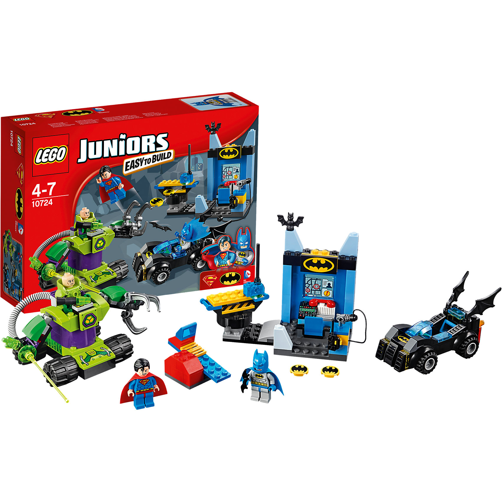 LEGO Juniors 10724: Бэтмен и Супермен против Лекса Лютора LEGO Juniors 10724: Бэтмен и Супермен против Лекса ЛютораПластмассовые конструкторы<br>Бэтмена и Супермена обожает множество современных мальчишек, поэтому набор Лего, из которого можно собрать разные сюжеты про его подвиги, обязательно порадует ребенка. Такие игрушки помогают детям развивать воображение, мелкую моторику, логику и творческое мышление.<br>Набор состоит из множества деталей, с помощью которых можно собрать транспорт для супергероев, а также в нем есть фигурки любимых персонажей! С таким комплектом можно придумать множество игр!<br><br>Дополнительная информация:<br><br>цвет: разноцветный;<br>размер коробки: 26 х 19 х 6 см;<br>вес: 350 г;<br>материал: пластик;<br>количество деталей: 164.<br><br>Набор Бэтмен и Супермен против Лекса Лютора от бренда LEGO Juniors можно купить в нашем магазине.<br><br>Ширина мм: 263<br>Глубина мм: 189<br>Высота мм: 67<br>Вес г: 368<br>Возраст от месяцев: 48<br>Возраст до месяцев: 84<br>Пол: Мужской<br>Возраст: Детский<br>SKU: 4641210