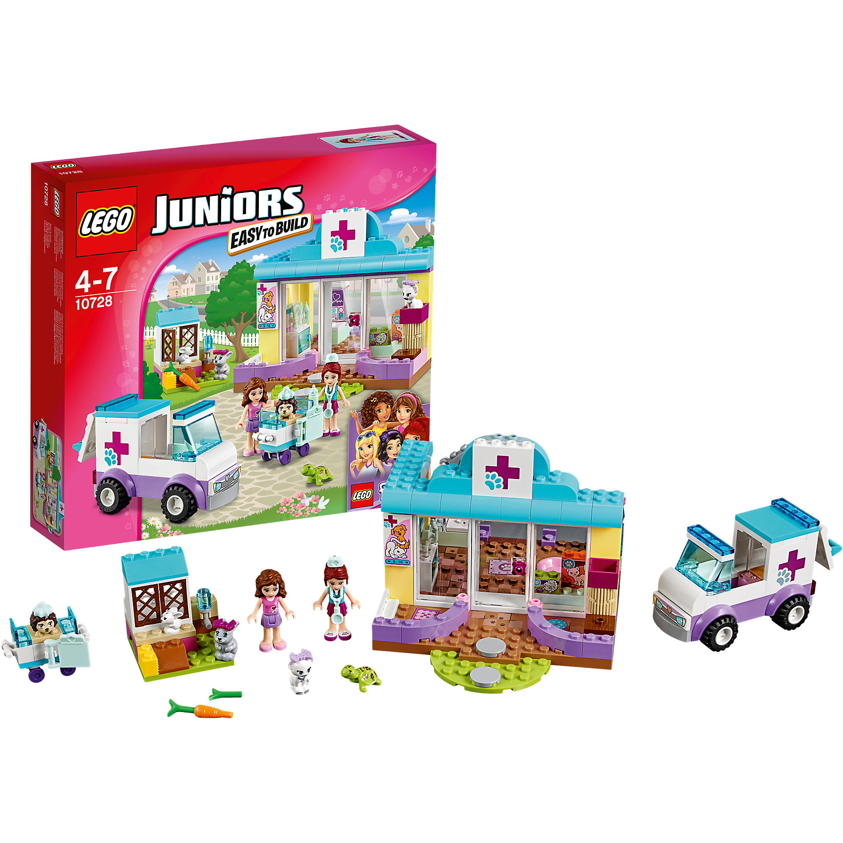 LEGO Juniors 10728: Ветеринарная клиника Мии LEGO Juniors 10728: Ветеринарная клиника МииПластмассовые конструкторы<br>Играть с конструктором обожает множество современных девочек, поэтому набор Лего, из которого можно собрать разные сюжеты про героев и её приключения, обязательно порадует ребенка. Такие игрушки помогают детям развивать воображение, мелкую моторику, логику и творческое мышление.<br>Набор состоит из множества деталей, с помощью которых можно собрать декорации для игр, а также в нем есть фигурки любимых персонажей! С таким комплектом можно придумать множество игр!<br><br>Дополнительная информация:<br><br>цвет: разноцветный;<br>размер коробки: 28 х 26 х 6 см;<br>вес: 450 г;<br>материал: пластик;<br>количество деталей: 173.<br><br>Набор Ветеринарная клиника Мии от бренда LEGO Juniors можно купить в нашем магазине.<br><br>Ширина мм: 287<br>Глубина мм: 261<br>Высота мм: 63<br>Вес г: 458<br>Возраст от месяцев: 48<br>Возраст до месяцев: 84<br>Пол: Женский<br>Возраст: Детский<br>SKU: 4641213