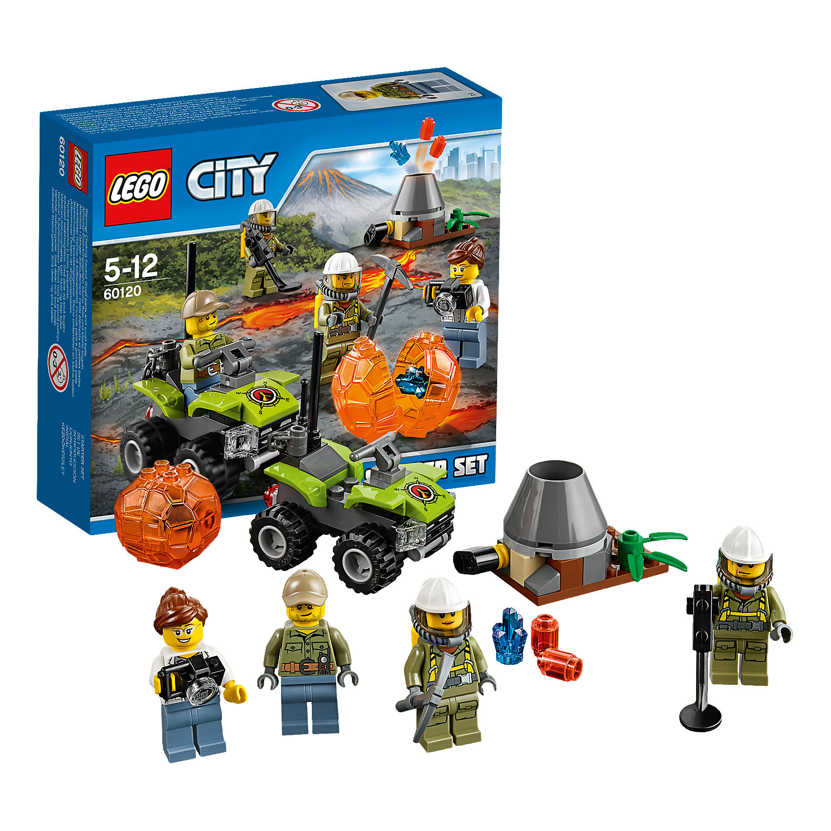 LEGO City 60120: Набор для начинающих Исследователи Вулканов LEGO City 60120: Набор для начинающих Исследователи ВулкановLEGO<br>Отправляйся в путешествие вместе с командой исследователей и ученых-вулканологов, чтобы изучить действующий вулкан! Загрузи вездеход всем необходимым и не забудь фотоаппарат. Смотри, извержение вулкана началось! Узнай, что находится внутри вулканического камня. Хватай кирку! А вдруг именно ты совершишь новое научное открытие?<br><br>LEGO City (ЛЕГО Сити) - серия детских конструкторов ЛЕГО, с помощью которого ваш ребенок может погрузиться в мир мегаполиса. Эта серия поможет ребенку понять, как устроена жизнь города, какие функции выполняют те или иные люди и техника. Предлагает на выбор огромное множество профессий, сфер деятельности и ситуаций, связанных с ними.<br><br>Дополнительная информация:<br><br>- Конструкторы ЛЕГО развивают усидчивость, внимание, фантазию и мелкую моторику. <br>- 4 минифигурки.<br>- Количество деталей: 83 <br>- Комплектация: 4 минифигурки, автомобиль, вулкан, камни, аксессуары.<br>- Серия ЛЕГО Сити (LEGO City).<br>- Материал: пластик.<br>- Размер упаковки: 14х4,5х16 см.<br>- Вес: 0.145 кг.<br><br>Конструктор LEGO City 60120: Набор для начинающих Исследователи Вулканов можно купить в нашем магазине.<br><br>Ширина мм: 158<br>Глубина мм: 142<br>Высота мм: 48<br>Вес г: 126<br>Возраст от месяцев: 60<br>Возраст до месяцев: 144<br>Пол: Мужской<br>Возраст: Детский<br>SKU: 4641226