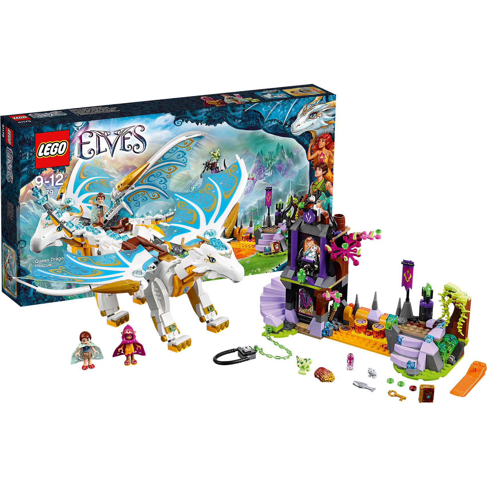 LEGO Elves 41179: Спасение Королевы Драконов LEGO Elves 41179: Спасение Королевы ДраконовПластмассовые конструкторы<br>Кто не любит волшебных эльфов? Конструкторы из серии LEGO Elves полюбились многим современным детям, поэтому набор Лего, из которого можно собрать разные сюжеты про героев и её приключения, обязательно порадует ребенка. Такие игрушки помогают детям развивать воображение, мелкую моторику, логику и творческое мышление.<br>Набор состоит из множества деталей, с помощью которых можно собрать декорации для игр, а также в нем есть фигурки любимых персонажей! С таким комплектом можно придумать множество игр!<br><br>Дополнительная информация:<br><br>цвет: разноцветный;<br>размер коробки: 54 х 8 х 28см;<br>вес: 1051 г;<br>материал: пластик;<br>количество деталей: 833.<br><br>Набор Спасение Королевы Драконов от бренда LEGO Elves можно купить в нашем магазине.<br><br>Ширина мм: 533<br>Глубина мм: 278<br>Высота мм: 79<br>Вес г: 1168<br>Возраст от месяцев: 108<br>Возраст до месяцев: 144<br>Пол: Женский<br>Возраст: Детский<br>SKU: 4641233