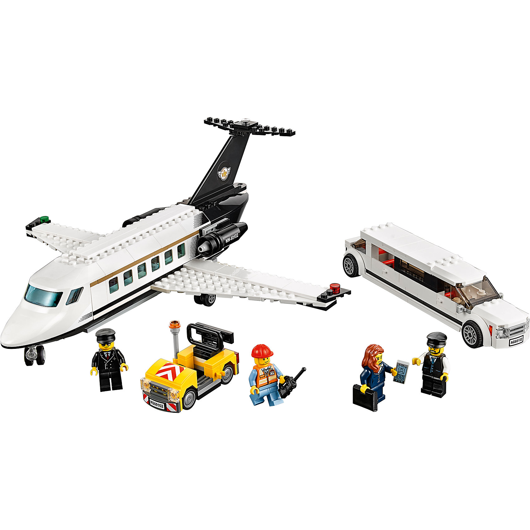 LEGO City 60102: Служба аэропорта для VIP-клиентов LEGO City 60102: Служба аэропорта для VIP-клиентовLEGO<br>Почувствуй себя VIP клиентом аэропорта. Тебя доставят к трапу на роскошном лимузине с охраной и проводят в комфортабельный личный самолет. Приятного путешествия! <br><br>LEGO City (ЛЕГО Сити) - серия детских конструкторов ЛЕГО, с помощью которого ваш ребенок может погрузиться в мир мегаполиса. Эта серия поможет ребенку понять, как устроена жизнь города, какие функции выполняют те или иные люди и техника. Предлагает на выбор огромное множество профессий, сфер деятельности и ситуаций, связанных с ними.<br><br>Дополнительная информация:<br><br>- Конструкторы ЛЕГО развивают усидчивость, внимание, фантазию и мелкую моторику. <br>- 4 минифигурки.<br>- Количество деталей: 364. <br>- Комплектация: 4 минифигурки, самолет, лимузин, служебный автомобиль, аксессуары.<br>- Колеса служебного автомобилей подвижны.<br>- У самолета открываются и закрываются дверь, подвижные колеса. <br>- Размер самолёта: 12х31х33 см.<br>- Серия ЛЕГО Сити (LEGO City).<br>- Материал: пластик.<br>- Размер упаковки: 38х26х6 см.<br><br>Конструктор LEGO City 60102: Служба аэропорта для VIP-клиентов можно купить в нашем магазине.<br><br>Ширина мм: 385<br>Глубина мм: 264<br>Высота мм: 73<br>Вес г: 764<br>Возраст от месяцев: 60<br>Возраст до месяцев: 144<br>Пол: Мужской<br>Возраст: Детский<br>SKU: 4641237