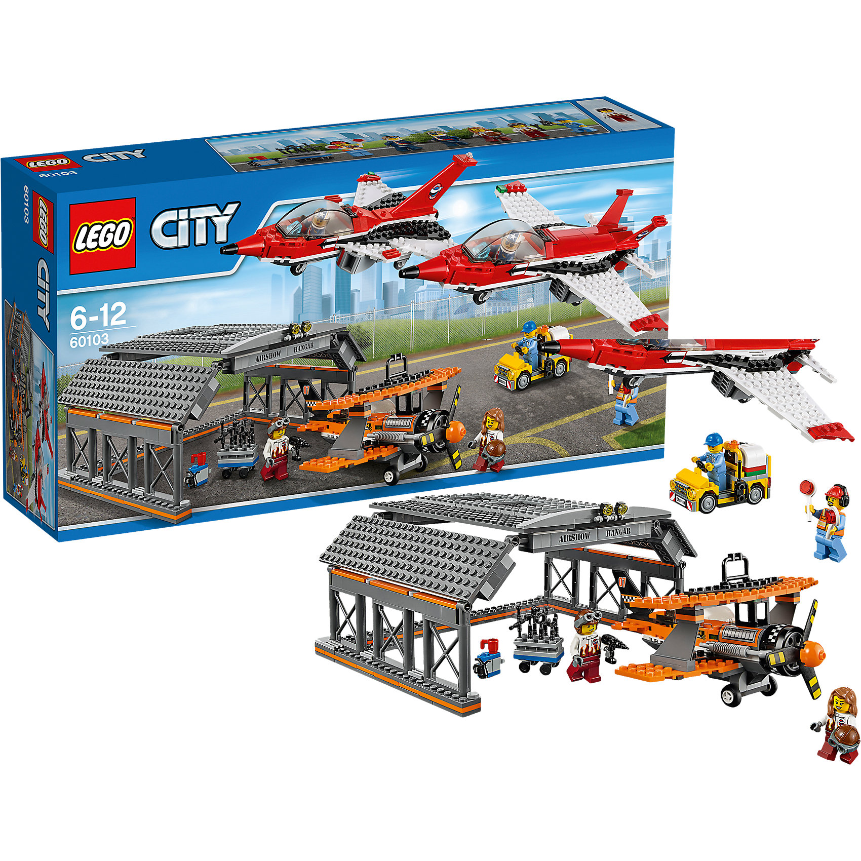 LEGO City 60103: Авиашоу LEGO City 60103: АвиашоуLEGO<br>Устрой настоящее авиашоу с этим замечательным конструктором ЛЕГО! В просторном ангаре тебя ждут два современных самолета, и один раритетный. После полета обязательно попроси механика провести проверку - все ли системы в норме. <br><br>LEGO City (ЛЕГО Сити) - серия детских конструкторов ЛЕГО, с помощью которого ваш ребенок может погрузиться в мир мегаполиса. Эта серия поможет ребенку понять, как устроена жизнь города, какие функции выполняют те или иные люди и техника. Предлагает на выбор огромное множество профессий, сфер деятельности и ситуаций, связанных с ними.<br><br>Дополнительная информация:<br><br>- Конструкторы ЛЕГО развивают усидчивость, внимание, фантазию и мелкую моторику. <br>- 6 минифигурок.<br>- Количество деталей: 670. <br>- Комплектация: 6 минифигурок, ангар, 3 самолета, служебный автомобиль, аксессуары.<br>- Колеса самолетов подвижны.<br>- У раритетного самолета вращается пропеллер.<br>- Серия ЛЕГО Сити (LEGO City).<br>- Материал: пластик.<br>- Размер упаковки: 54х12х28 см.<br>- Вес: 1.485 кг.<br><br>Конструктор LEGO City 60103: Авиашоу можно купить в нашем магазине.<br><br>Ширина мм: 540<br>Глубина мм: 279<br>Высота мм: 121<br>Вес г: 1516<br>Возраст от месяцев: 72<br>Возраст до месяцев: 144<br>Пол: Мужской<br>Возраст: Детский<br>SKU: 4641238