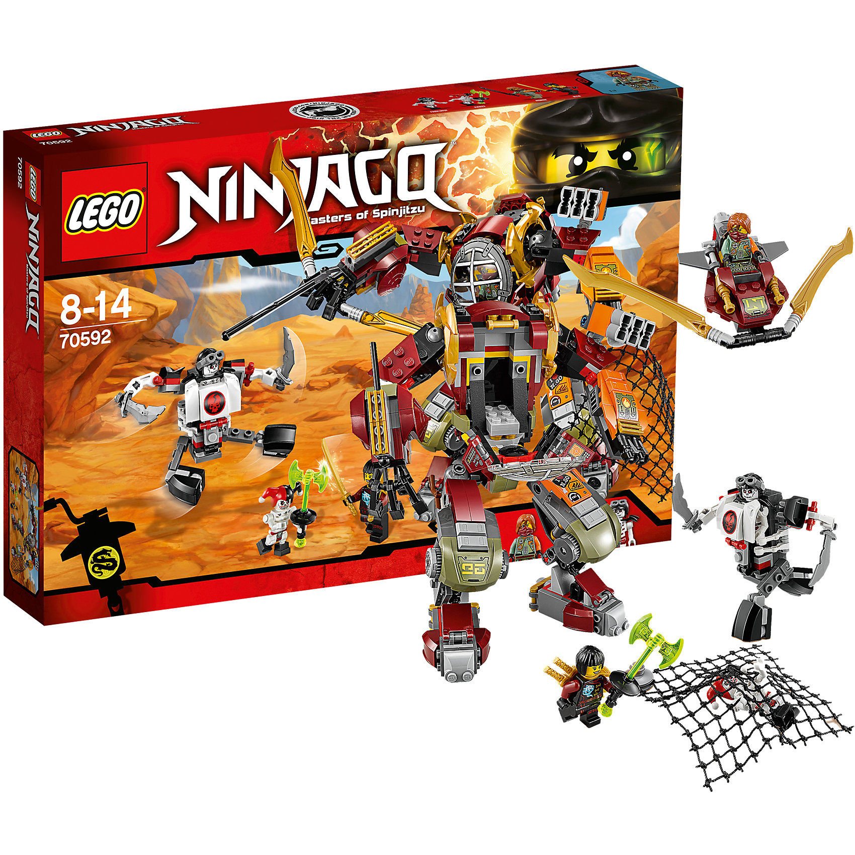 LEGO NINJAGO 70592: Робот-спасатель LEGO NINJAGO 70592: Робот-спасательПластмассовые конструкторы<br>Конструкторы и приключения обожает множество современных мальчишек, поэтому набор Лего, из которого можно собрать интересный сюжет, обязательно порадует ребенка. Такие игрушки помогают детям развивать воображение, мелкую моторику, логику и творческое мышление.<br>Набор состоит из множества деталей, с помощью которых можно собрать декорации для игр, а также в нем есть фигурки любимых персонажей! С таким комплектом можно придумать множество игр!<br><br>Дополнительная информация:<br><br>цвет: разноцветный;<br>размер коробки: 38 х 6 х 26 см;<br>вес: 568 г;<br>материал: пластик;<br>количество деталей: 439.<br><br>Набор Робот-спасатель от бренда LEGO NINJAGO можно купить в нашем магазине.<br><br>Ширина мм: 385<br>Глубина мм: 261<br>Высота мм: 63<br>Вес г: 574<br>Возраст от месяцев: 96<br>Возраст до месяцев: 168<br>Пол: Мужской<br>Возраст: Детский<br>SKU: 4641243