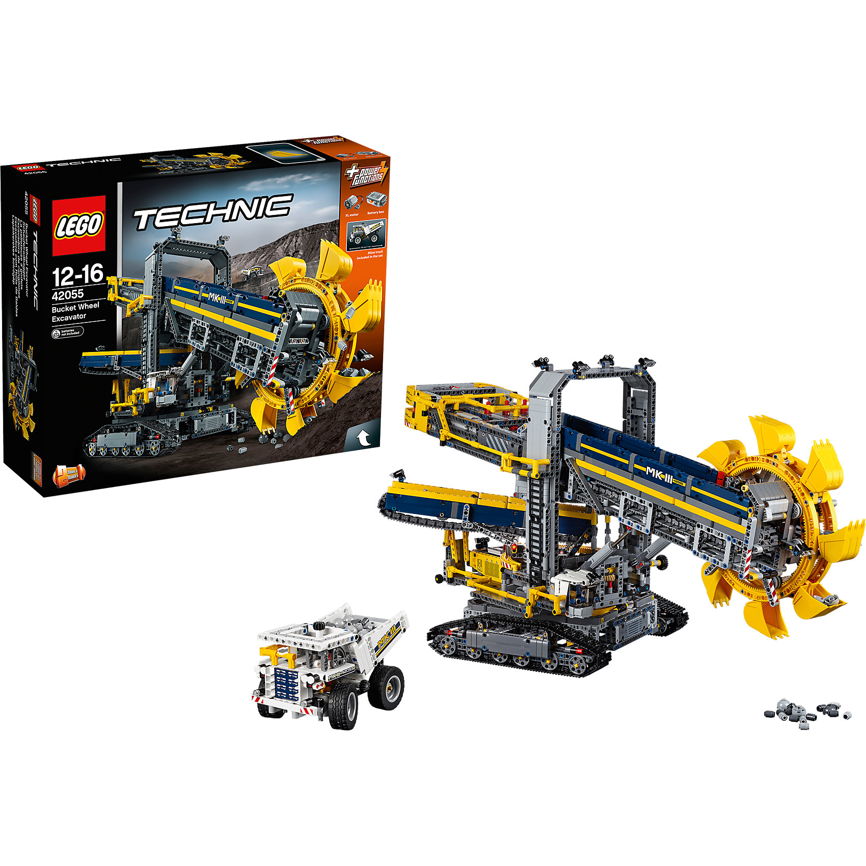 LEGO Technic 42055: Роторный экскаватор LEGO Technic 42055: Роторный экскаваторПластмассовые конструкторы<br>Характеристики:<br><br>• Предназначение: набор для конструирования, сюжетно-ролевые игры<br>• Пол: для мальчиков<br>• Материал: пластик<br>• Цвет: черный, серый, желтый, синий<br>• Серия LEGO: Technic<br>• Размер упаковки (Д*Ш*В): 58*17*48 см<br>• Вес: 5 кг 945 г<br>• Количество деталей: 3927 шт.<br>• Наличие двигающихся, вращающихся и открывающихся элементов<br>• Наличие мотора<br>• Комплектация: детали для конструирования 2-х моделей трактора<br>• Батарейки: 6 шт. типа АА (в комплекте не предусмотрены)<br><br>LEGO Technic 42055: Роторный экскаватор – набор от всемирно известного производителя конструкторов для детей всех возрастных категорий. LEGO Technic 42055: Роторный экскаватор является флагманским набором повышенной сложности серии Technic. Элементы конструктора позволяют сконструировать 2 модели: роторный экскаватор или дробильно-сортировочный завод. Разнообразие элементов позволят воссоздавать юному конструктору все реалистичные элементы и функции горного экскаватора: мостик для ручного управления, двигающиеся конвейерные ленты, регулируемая стрела, поднимающийся ковш и др. В комплекте предусмотрена яркая инструкция, которая научит вашего ребенка действовать по образцу. <br>Игры с конструкторами LEGO развивают усидчивость, внимательность, мелкую моторику рук, способствуют формированию конструкторского мышления. С набором LEGO Technic 42055: Роторный экскаватор ваш ребенок сможет придумывать целые сюжетные истории, развивая тем самым воображение и обогащая свой словарный запас. <br><br>LEGO Technic 42055: Роторный экскаватор можно купить в нашем интернет-магазине.<br><br>Ширина мм: 583<br>Глубина мм: 480<br>Высота мм: 175<br>Вес г: 5920<br>Возраст от месяцев: 144<br>Возраст до месяцев: 192<br>Пол: Мужской<br>Возраст: Детский<br>SKU: 4641256
