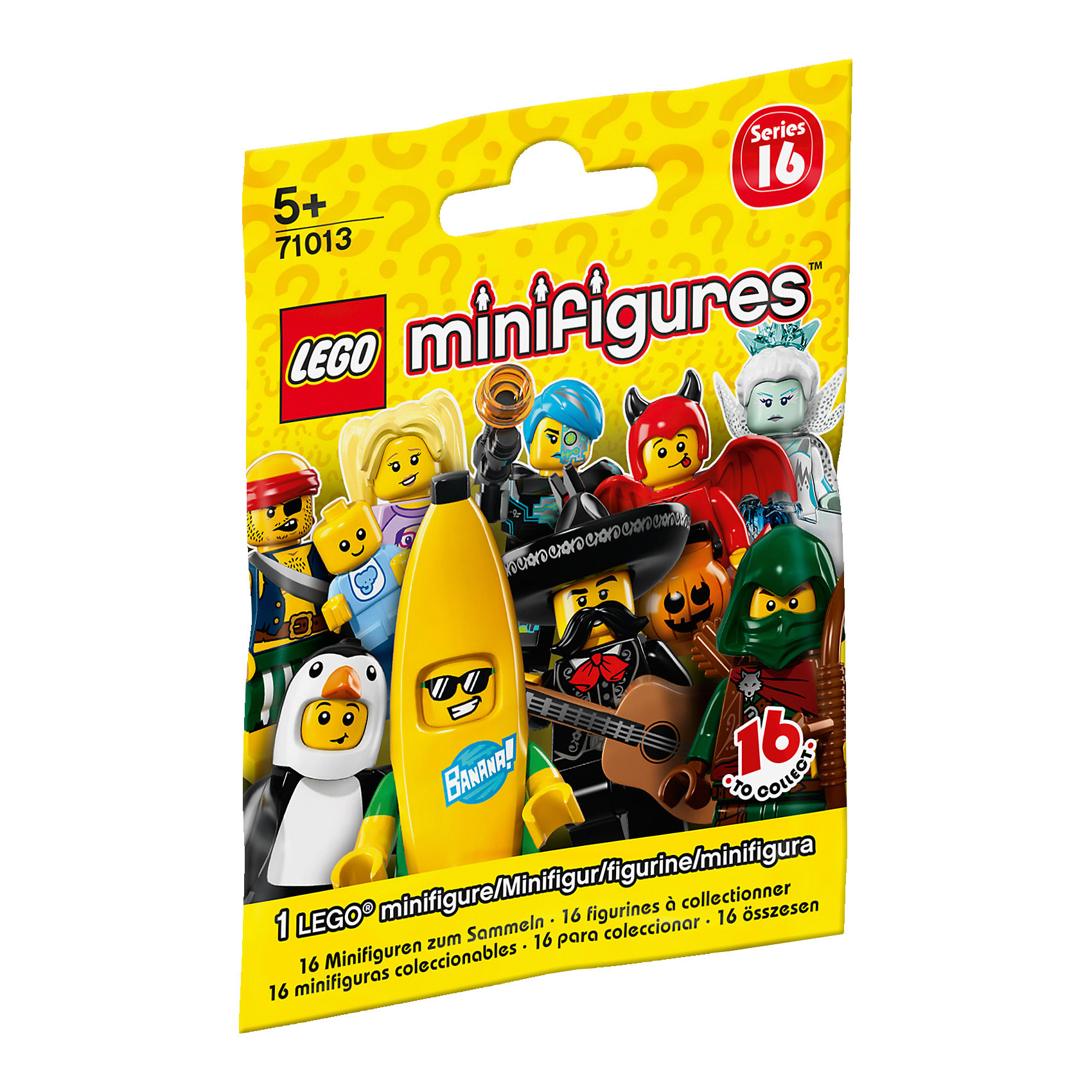 LEGO 71013: Минифигурки, серия 16 LEGO 71013: Минифигурки, серия 16Пластмассовые конструкторы<br>LEGO 71013: Минифигурки, серия 16.<br><br>Характеристики: <br><br>• Материал: высококачественный пластик.<br>• Количество в пакетике: 1 шт.<br><br>Вперед к новым приключениям с новыми коллекционными минифигурками LEGO серии 16! Встречайте : Воина пустыни, Пингвинёнка, Королеву льда, Шпиона, Мальчика в костюме банана, Путешественника, Боксёра-чемпиона, Призрачного мальчика, Злодея, Киборга, Непослушного чертёнка, Победителя выставки собак, Пирата-бездельника, Няню, Фотографа дикой природы и Мариачи. Внутри каждого закрытого пакетика вы найдёте искусно изготовленную минифигурку с аксессуарами, демонстрационную пластинку, коллекционную брошюру.<br><br>ВНИМАНИЕ! Данный артикул представлен в разных вариантах исполнения. К сожалению, заранее выбрать определенный вариант невозможно. При заказе нескольких минифигурок возможно получение одинаковых.<br><br>LEGO 71013: Минифигурки, серия 16 – можно купить в нашем интернет – магазине.<br><br>Ширина мм: 115<br>Глубина мм: 86<br>Высота мм: 15<br>Вес г: 13<br>Возраст от месяцев: 60<br>Возраст до месяцев: 144<br>Пол: Унисекс<br>Возраст: Детский<br>SKU: 4641262