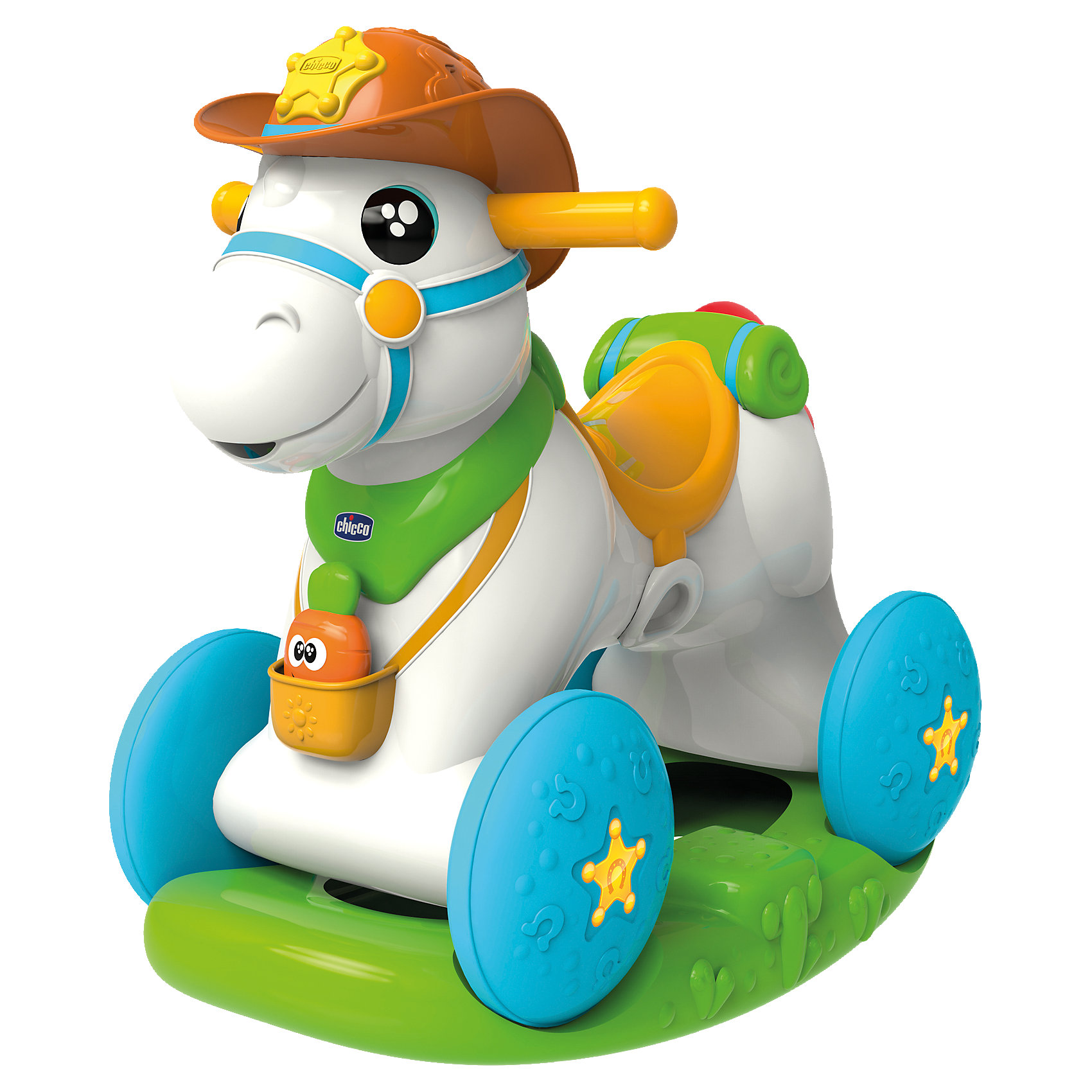 Лошадка-каталка Baby Rodeo, Chicco Лошадка-каталка Baby Rodeo, ChiccoМашинки-каталки<br>Лошадка-каталка Baby Rodeo, Chicco<br><br>Характеристики:<br><br>- в набор входит: лошадка-каталка, элементы питания<br>- состав: пластик<br>- размер лошадки-каталки: 64 * 30 * 58 см.<br>- функции: световые и звуковые эффекты<br>- элементы питания: на батарейках (3шт. АА)<br>- для детей в возрасте: от 1 до 2 лет <br>- Страна производитель: Китай<br><br>Новая Лошадка-каталка Baby Rodeo (Бейби Родео) от известного итальянского бренда товаров для детей Chicco (Чико) придет по вкусу малышам. Интерактивная лошадка открывает и закрывает глазки, кушает морковку и разговаривает. Морковка для кормления входит в набор, при поднесении ко рту лошадки активируется сигнал и лошадка будет радостно ржать. На лошадке с подставкой можно кататься как на классической каталке, у лошадки две удобные для детских пальчиков ручки по бокам. Колеса и подставка отдекорированы рельефными узорами, которые понравится трогать. <br><br>Благодаря колесам и съемной подставке на лошадке можно весело кататься по дому и отправиться на поиски приключений. Лошадка изготовлена из высококачественного пластика и может выдерживать вес до 25 кг. Развивайтесь вместе с лошадкой, отдавая ей тепло и заботу! Играя с лошадкой малыш сможет развивать тактильное, звуковое и цветовое восприятие, сможет развивать память, моторику и воображение.<br><br>Лошадку-каталку Baby Rodeo, Chicco можно купить в нашем интернет-магазине.<br><br>Ширина мм: 607<br>Глубина мм: 501<br>Высота мм: 434<br>Вес г: 6524<br>Возраст от месяцев: 12<br>Возраст до месяцев: 24<br>Пол: Унисекс<br>Возраст: Детский<br>SKU: 4642243