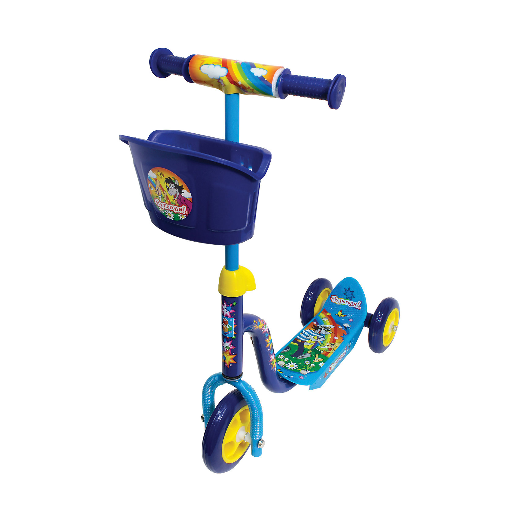 Самокат трехколесный Ну, погоди!, 1Toy Самокат трехколесный Ну, погоди!, 1ToyСамокат трехколесный Ну, погоди!, 1Toy – прочный, комфортный и легкий в транспортировке самокат, который понравится вашему ребенку.<br>Трёхколёсный самокат Ну погоди 1Toy - это очень милый, сделанный с любовью к детям, самокат, украшенный изображениями Зайца и Волка из популярного детского мультфильма, предназначен для самых маленьких райдеров. У самоката металлическая рама, колёса из ПВХ-материала, Т-образная ручка. Удобная противоскользящая платформа позволяет ребёнку надёжно стоять во время движения. Впереди на рулевой стойке имеется корзинка, а на самом руле - мягкая накладка-валик. Модель изготовлена из качественных материалов и безопасна для ребенка.<br><br>Дополнительная информация:<br><br>- Возраст: от 3 лет <br>- Материал: металл, пластик, ПВХ<br>- Цвет: синий, голубой<br>- Максимальная нагрузка: 20 кг.<br>- Тормоз: ножной<br>- Размер: 61х11х68 см.<br>- Высота руля: 68 см.<br>- Диаметр переднего колеса: 15,24 см.<br>- Диаметр задних колёс: 12,7 см.<br>- Вес: 2,35 кг.<br>- Размеры упаковки: 51х13х35 см.<br><br>Самокат трехколесный Ну, погоди!, 1Toy можно купить в нашем интернет-магазине.<br><br>Ширина мм: 510<br>Глубина мм: 130<br>Высота мм: 350<br>Вес г: 3400<br>Возраст от месяцев: 36<br>Возраст до месяцев: 84<br>Пол: Унисекс<br>Возраст: Детский<br>SKU: 4655108