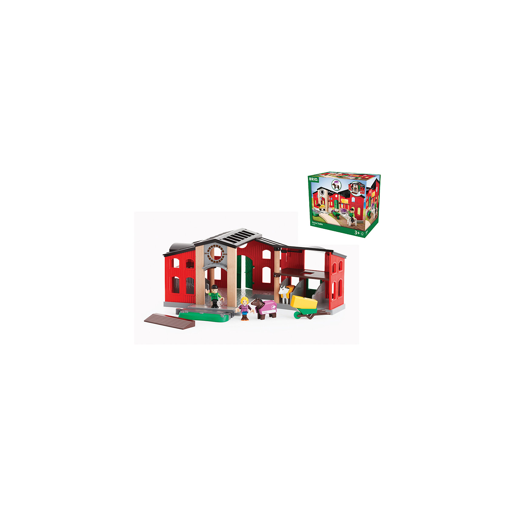 Игровой набор Конюшня, Brio Игровой набор Конюшня, BrioДеревянные куклы, домики и мебель<br>Игровой набор Конюшня, Brio (Брио)- увлекательный игровой набор обязательно заинтересует вашего ребенка и не позволит ему скучать.<br>Из деталей, входящих в набор, можно собрать великолепную функциональную конюшню, в которой будут размещаться лошадки. Для удобства игры конюшня раскрывается, открывая доступ к внутреннему пространству. У конюшни открываются двери. На первом этаже конюшни могут жить лошади и другие животные фермы, на втором этаже можно хранить запасы на зиму - сено, солома и т.д. Для того, чтобы загружать запасы в тачку фермера, на втором этаже конюшни есть отверстие, через которое стога сена можно спускать на первый этаж. Набор понравится и мальчикам, и девочкам, приятные на ощупь фигурки животных и людей обязательно придутся по вкусу Вашему ребенку. Он произведен из высококачественного пластика и древесины по современной технологии, покрашен безопасными красками. Предусмотрена возможность совместить набор «Конюшня» с другими наборами – например, с любой деревянной железной дорогой Brio.<br><br>Дополнительная информация:<br><br>- В наборе: здание конюшни, 2 человечка, 2 лошади, попоны 2 штуки, элементы для создания порожка 2 штуки, элемент железнодорожного полотна, телега, сено для телеги<br>- Материал: древесина, пластик<br>- Размер упаковки: 28х19х24 см.<br><br>Игровой набор Конюшня, Brio (Брио) можно купить в нашем магазине.<br><br>Ширина мм: 280<br>Глубина мм: 190<br>Высота мм: 240<br>Вес г: 1408<br>Возраст от месяцев: 36<br>Возраст до месяцев: 84<br>Пол: Унисекс<br>Возраст: Детский<br>SKU: 4655116