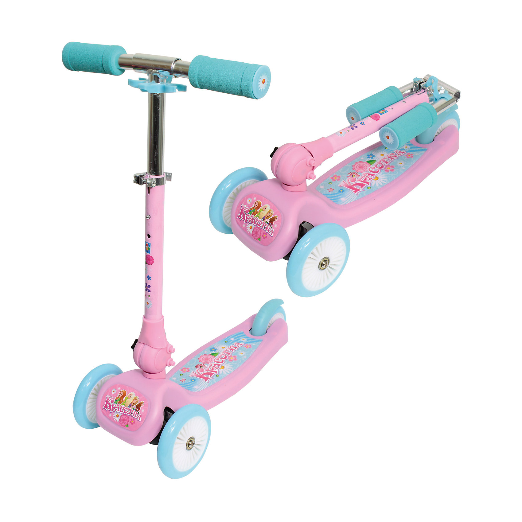 Самокат Красотка, 1Toy Самокат Красотка, 1ToyСамокаты<br>Самокат Красотка, 1Toy – прочный, комфортный и легкий в транспортировке самокат, который понравится вашему ребенку.<br>Трехколесный складной самокат Красотка 1Toy предназначен для катания самых маленьких райдеров. Вес самоката составляет всего 2,4 кг, поэтому пользоваться им могут даже малыши. Самокат состоит из алюминиевой рамы с пластиковой платформой, полиуретановых колёс и складного Т-образного руля с большими мягкими ручками. Высокую устойчивость самоката обеспечивают два больших колеса спереди и одно маленькое сзади. Управление же самокатом производится путём наклона ручки руля влево или вправо (уникальная запатентованная система). Ребёнку достаточно отклонить ручку влево, чтобы самокат повернул налево и, соответственно, вправо для поворота направо. К тому же, руль регулируется по высоте, что позволяет подстроить его под рост ребёнка. А чтобы остановиться - достаточно всего лишь нажать ногой на расположенный сзади ножной тормоз в виде заднего крыла. Особенностью этой модели по отношению к аналогам является система складывания, благодаря которой самокат легко переносить, а при хранении он занимает мало места.<br><br>Дополнительная информация:<br><br>- Для детей от 3 лет<br>- Материал: металл, пластмасса, полиуретан<br>- Цвет: розовый, голубой<br>- Максимальная нагрузка: 20 кг.<br>- Размер самоката: 50х21,5х52 см.<br>- Размер в сложенном виде: 50х21,5х20 см.<br>- Диаметр передних колёс: 12 см.<br>- Диаметр заднего колеса: 10 см.<br>- Ширина колёс: 2,3 см.<br>- Высота руля: от 52 до 63,5 см.<br>- Ширина руля: 33,5 см.<br>- Размеры платформы: 23х12,5 см.<br>- Расстояние от земли до платформы: 6 см.<br>- Вес самоката: 2,4 кг.<br><br>Самокат Красотка, 1Toy можно купить в нашем интернет-магазине.<br><br>Ширина мм: 510<br>Глубина мм: 130<br>Высота мм: 250<br>Вес г: 3050<br>Возраст от месяцев: 36<br>Возраст до месяцев: 84<br>Пол: Женский<br>Возраст: Детский<br>SKU: 4655169