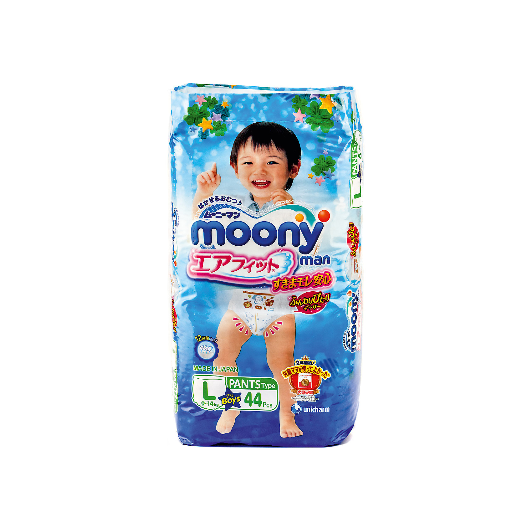 Трусики-подгузники для мальчиков Moony Man, L 9-14 кг., 44 шт Трусики-подгузники для мальчиков Moony Man, L 9-14 кг., 44 штТрусики-подгузники<br>Универсальные и оригинальные трусики Муни подойдут как для девочек, так и мальчиков, которые уже начали ползать на четвереньках. Не зависимо от активности ребенка он не почувствует дискомфорт, так как впитывающий слой несколько тоньше и эластичней, чем в обычных подгузниках. Сверхтонкий впитывающий слой препятствует протеканию. Дышащая поверхность трусиков позволяет коже малыша дышать, предотвращает возникновение парникового эффекта и оставляет кожу сухой. И самое главное - снять или одеть трусики Moony Man можно без особых проблем, не смотря на то, в каком положении будет ребенок.<br><br>Дополнительная информация:<br><br>Размер: L 9-14 кг.<br>Количество в упаковке: 44 шт.<br><br>Трусики-подгузники для мальчиков Moony Man, L 9-14 кг., 44 шт можно купить в нашем магазине.<br><br>Ширина мм: 325<br>Глубина мм: 415<br>Высота мм: 480<br>Вес г: 1700<br>Возраст от месяцев: 6<br>Возраст до месяцев: 24<br>Пол: Мужской<br>Возраст: Детский<br>SKU: 4659613