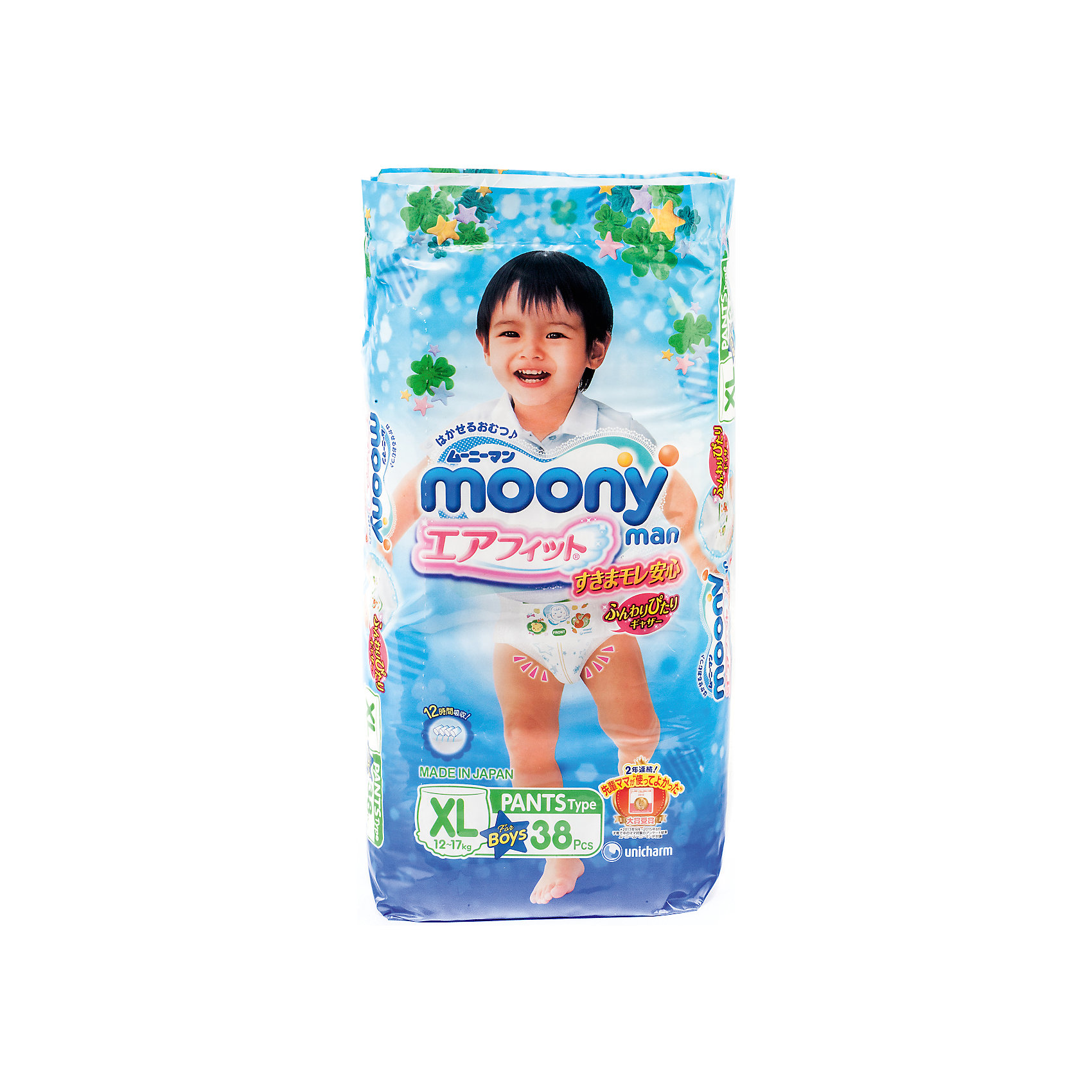 Трусики-подгузники для мальчиков Moony Man, XL 12-17 кг., 38 шт Трусики-подгузники для мальчиков Moony Man, XL 12-17 кг., 38 штТрусики-подгузники<br>Универсальные и оригинальные трусики Муни подойдут как для девочек, так и мальчиков, которые уже начали ползать на четвереньках. Не зависимо от активности ребенка он не почувствует дискомфорт, так как впитывающий слой несколько тоньше и эластичней, чем в обычных подгузниках. Сверхтонкий впитывающий слой препятствует протеканию. Дышащая поверхность трусиков позволяет коже малыша дышать, предотвращает возникновение парникового эффекта и оставляет кожу сухой. И самое главное - снять или одеть трусики Moony Man можно без особых проблем, не смотря на то, в каком положении будет ребенок.<br><br>Дополнительная информация:<br><br>Размер: XL 12-17 кг.<br>Количество в упаковке: 38 шт.<br><br>Трусики-подгузники для мальчиков Moony Man, XL 12-17 кг., 38 шт можно купить в нашем магазине.<br><br>Ширина мм: 320<br>Глубина мм: 430<br>Высота мм: 455<br>Вес г: 1700<br>Возраст от месяцев: 12<br>Возраст до месяцев: 36<br>Пол: Мужской<br>Возраст: Детский<br>SKU: 4659615