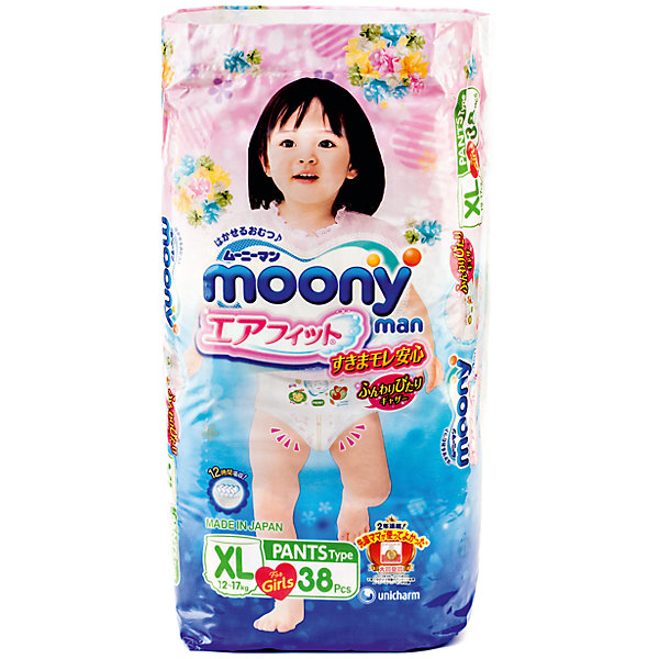 Трусики-подгузники для девочек Moony Man, XL 12-17 кг., 38 шт Трусики-подгузники для девочек Moony Man, XL 12-17 кг., 38 штТрусики-подгузники<br>Универсальные и оригинальные трусики Муни подойдут как для девочек, так и мальчиков, которые уже начали ползать на четвереньках. Не зависимо от активности ребенка он не почувствует дискомфорт, так как впитывающий слой несколько тоньше и эластичней, чем в обычных подгузниках. Сверхтонкий впитывающий слой препятствует протеканию. Дышащая поверхность трусиков позволяет коже малыша дышать, предотвращает возникновение парникового эффекта и оставляет кожу сухой. И самое главное - снять или одеть трусики Moony Man можно без особых проблем, не смотря на то, в каком положении будет ребенок.<br><br>Дополнительная информация:<br><br>Размер: XL 12-17 кг.<br>Количество в упаковке: 38 шт.<br><br>Трусики-подгузники для девочек Moony Man, XL 12-17 кг., 38 шт можно купить в нашем магазине.<br><br>Ширина мм: 320<br>Глубина мм: 430<br>Высота мм: 455<br>Вес г: 1700<br>Возраст от месяцев: 12<br>Возраст до месяцев: 36<br>Пол: Женский<br>Возраст: Детский<br>SKU: 4659616
