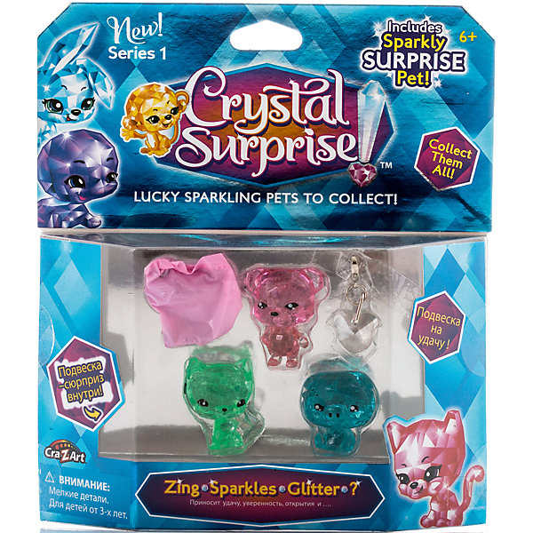 Игровой набор 2 - 4 фигурки , Crystal Surprise Игровой набор 2 - 4 фигурки , Crystal SurpriseИгровые наборы с фигурками<br>Игровой набор Crystal Surprise включает 4 кристальные фигурки животных-талисманов. Одна из них станет сюрпризом! В наборе 3 открытые фигурки - поросенок Зинг, который приносит удачу, Медвежонок Спаркл, который поможет обрести уверенность в себе и Глиттер, чья задача - помочь сделать новые интересные открытия.<br><br>Все фигурки сделаны из прозрачного материала, окрашенного в разные цвета. Они искрятся на солнце, как настоящие кристаллы! Каждая фигурка - талисман. У персонажей разные волшебные силы, внешний вид, характер и история.<br><br>Фигурки могут отличатся от фигурок аналогичных персонажей из других наборов Crystal Surprise - вы можете собрать фигурки одного зверька, разных цветов!<br><br>Ширина мм: 170<br>Глубина мм: 190<br>Высота мм: 30<br>Вес г: 107<br>Возраст от месяцев: 36<br>Возраст до месяцев: 192<br>Пол: Женский<br>Возраст: Детский<br>SKU: 4663714