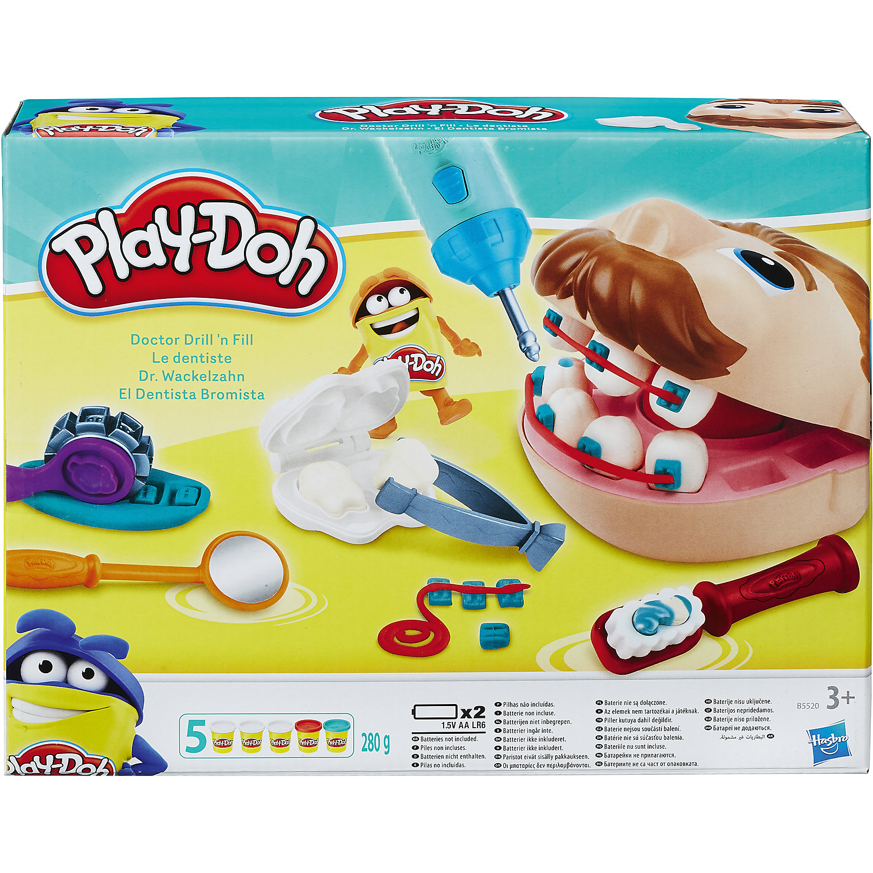 Игровой набор Мистер Зубастик, Play-Doh Игровой набор Мистер Зубастик, Play-DohЛепка<br>Игровой набор «Мистер Зубастик» от Play-Doh (Плей До) научит детей заботиться о зубах и не бояться зубных врачей.<br><br>С этим набором ребенок может самостоятельно решить, поставить пломбу или брекеты, а может и вовсе вырвать лишний зуб! Для этого в наборе есть три баночки пластелина Play-Doh и инструменты стоматолога: бормашина, которая работает как настоящая, пинцет, щётка и многое другое. С их помощью обязательно получится вылечить все зубки мистера Зубастика!<br><br>Дополнительная информация:<br><br>В комплекте:<br>- три баночки пластилина разных цветов <br>- игрушечная голова пациента<br>- инструменты стоматолога (бормашина, пинцет, зубная щетка, подставка для изготовления зубов, другие инструменты)<br><br>Батарейки: 2 батарейки x AA/LR06 не входят в комплект. <br>Размер упаковки (д/ш/в): 25,7 х 25,2 х 8,9 см.<br><br>Примечание для родителей: пластилин Play-Doh содержит пшеницу и изготовлен из натуральных пищевых продуктов, поэтому абсолютно безопасен для здоровья.<br><br>Игровой набор Мистер Зубастик, Play-Doh можно купить в нашем интернет - магазине.<br><br>Ширина мм: 283<br>Глубина мм: 215<br>Высота мм: 68<br>Вес г: 784<br>Возраст от месяцев: 36<br>Возраст до месяцев: 72<br>Пол: Унисекс<br>Возраст: Детский<br>SKU: 4678449