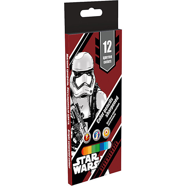 Цветные карандаши, 12 шт, Star Wars Цветные карандаши, 12 шт, Star WarsЗвездные войны Товары для школы<br>Цветные карандаши - необходимый инструмент для детского творчества и школьных занятий. Карандаши, Star Wars, идеально подходят для рисования, письма и раскрашивания, не требуют сильного нажатия, поэтом ребенку будет легко ими рисовать. Карандаши изготовлены из высококачественной древесины тополя, легко затачиваются, имеют прочный грифель, который не ломается при заточке. Набор из 12 карандашей оформлен в картонную коробку с рисунком в стиле популярной киноэпопеи Звездные войны.<br><br><br>Дополнительная информация:<br><br>- В комплекте: 12 карандашей.<br>- Материал: дерево, грифель.<br>- Толщина грифеля: 2,65 мм.<br>- Размер карандаша: 17,8 х ? 0,7 см.<br>- Размер упаковки: 21 х 1 х 8,5 см.<br>- Вес: 45 гр.<br><br>Цветные карандаши, 12 шт., 12 цв., Star Wars, можно купить в нашем интернет-магазине.<br><br>Ширина мм: 210<br>Глубина мм: 85<br>Высота мм: 10<br>Вес г: 45<br>Возраст от месяцев: 96<br>Возраст до месяцев: 108<br>Пол: Мужской<br>Возраст: Детский<br>SKU: 4681055
